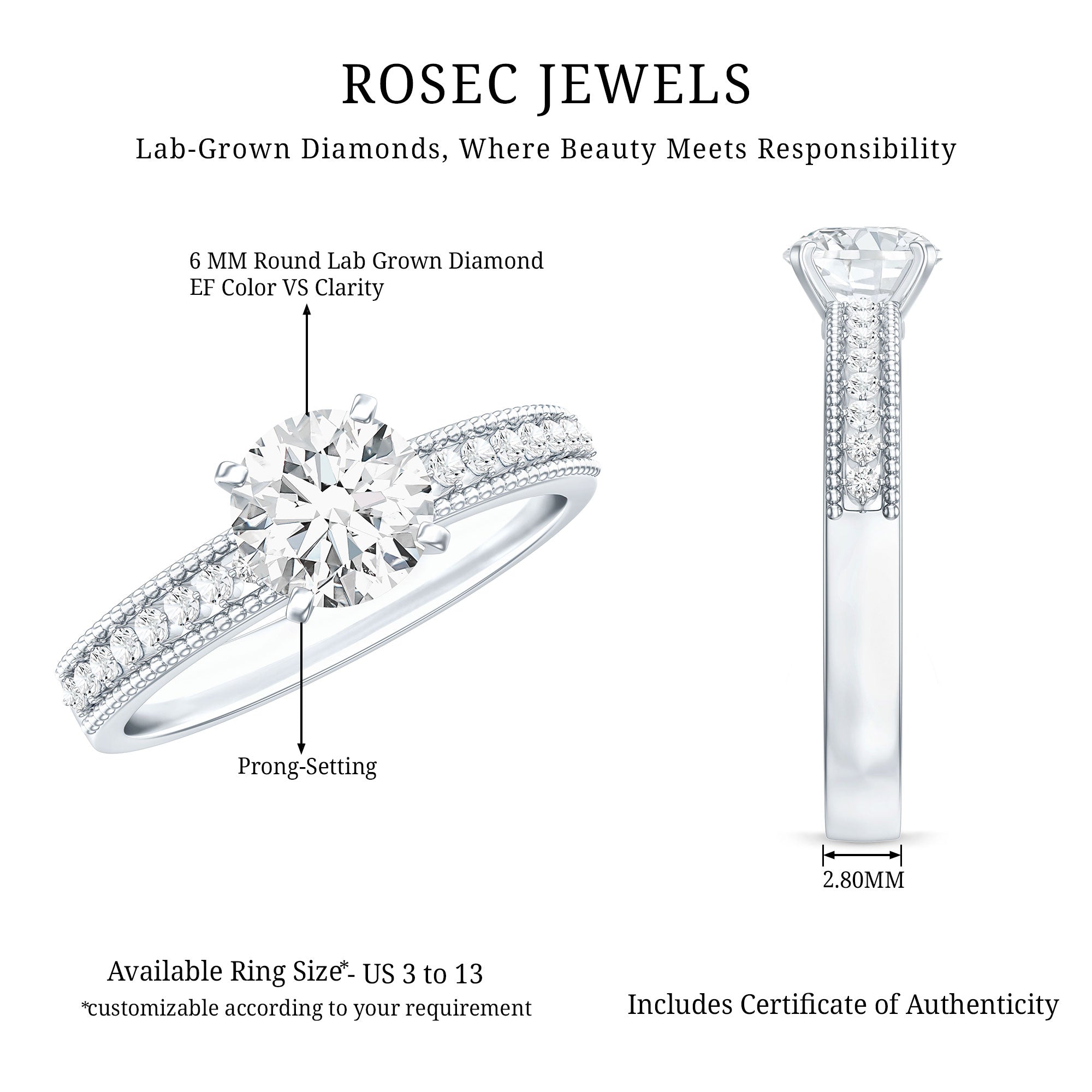 Certified 6 MM Lab Grown Diamond Engagement Ring with Side Stones