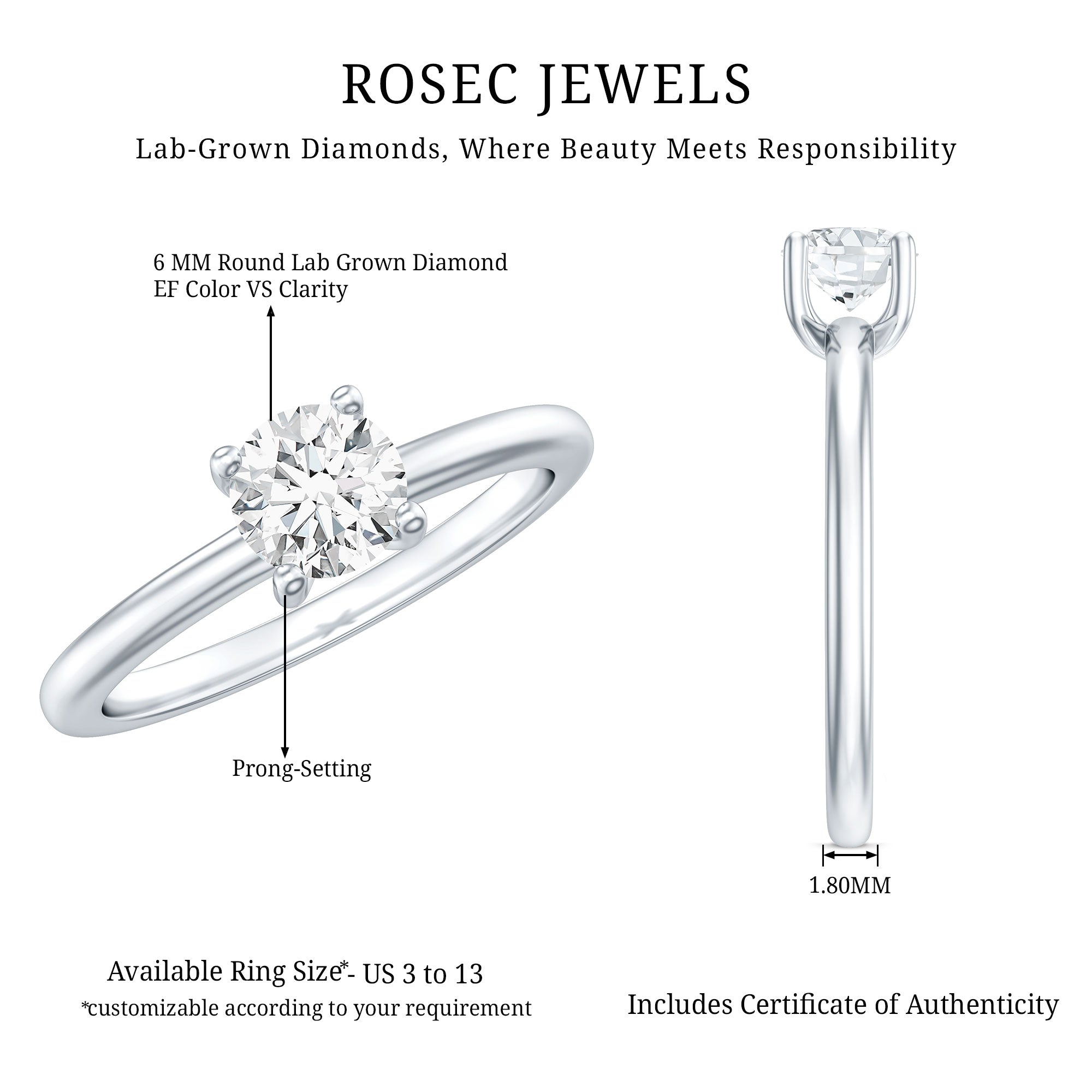 Certified Lab Grown Diamond 6 MM Round Cut Engagement Ring