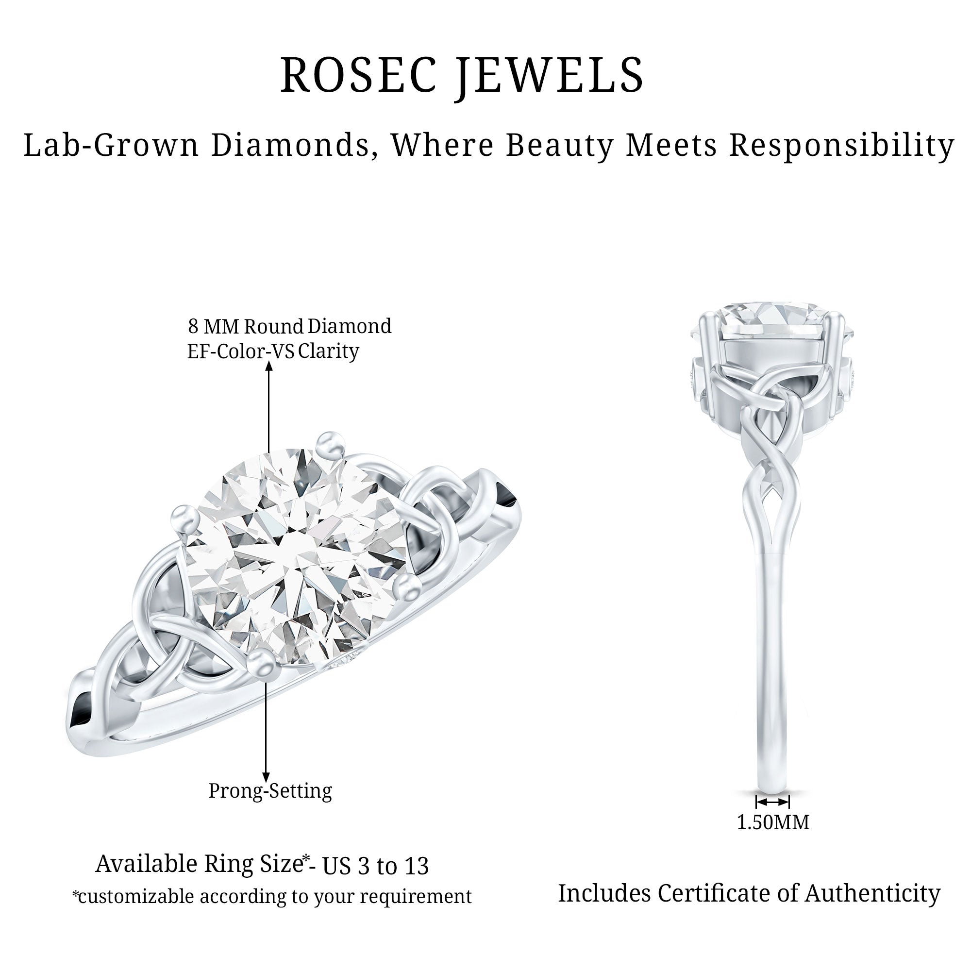 Certified 2 Carat Round Lab Grown Diamond Celtic Engagement Ring