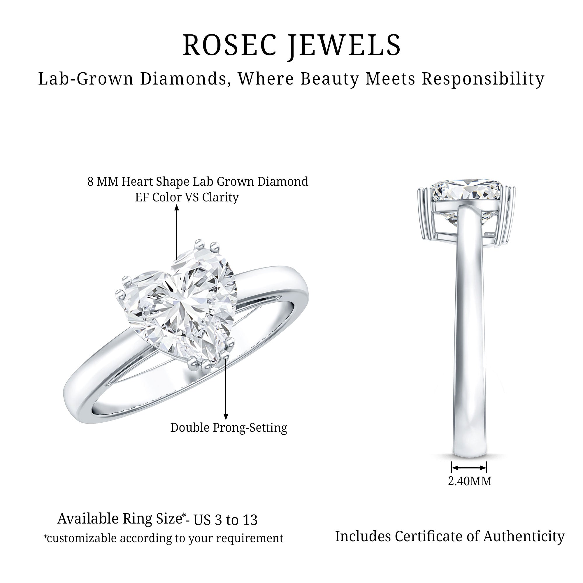 Certified Lab Grown Diamond Heart Engagement Ring 8 MM with Double Prong