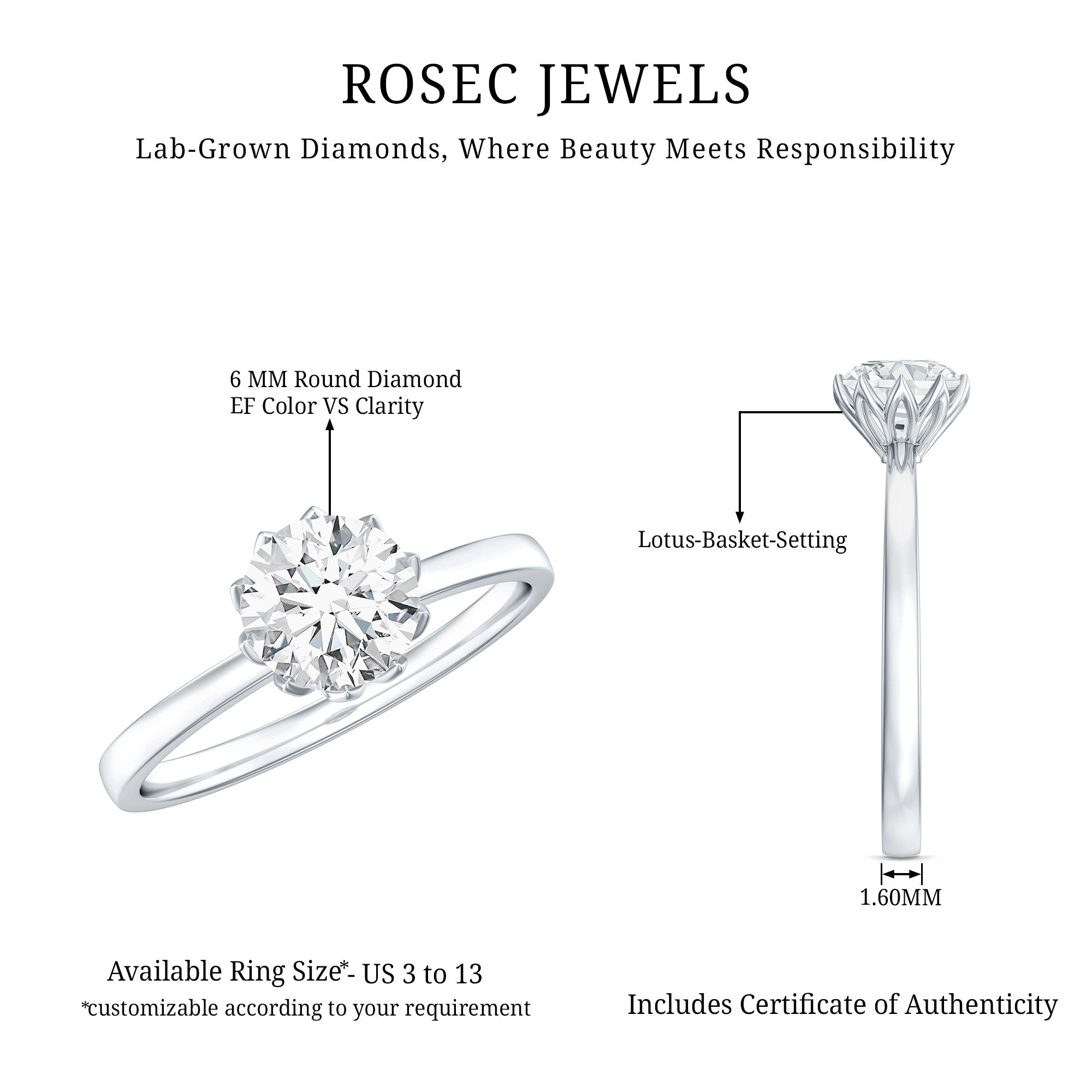 Lab Grown Diamond 6 MM Round Cut Engagement Ring
