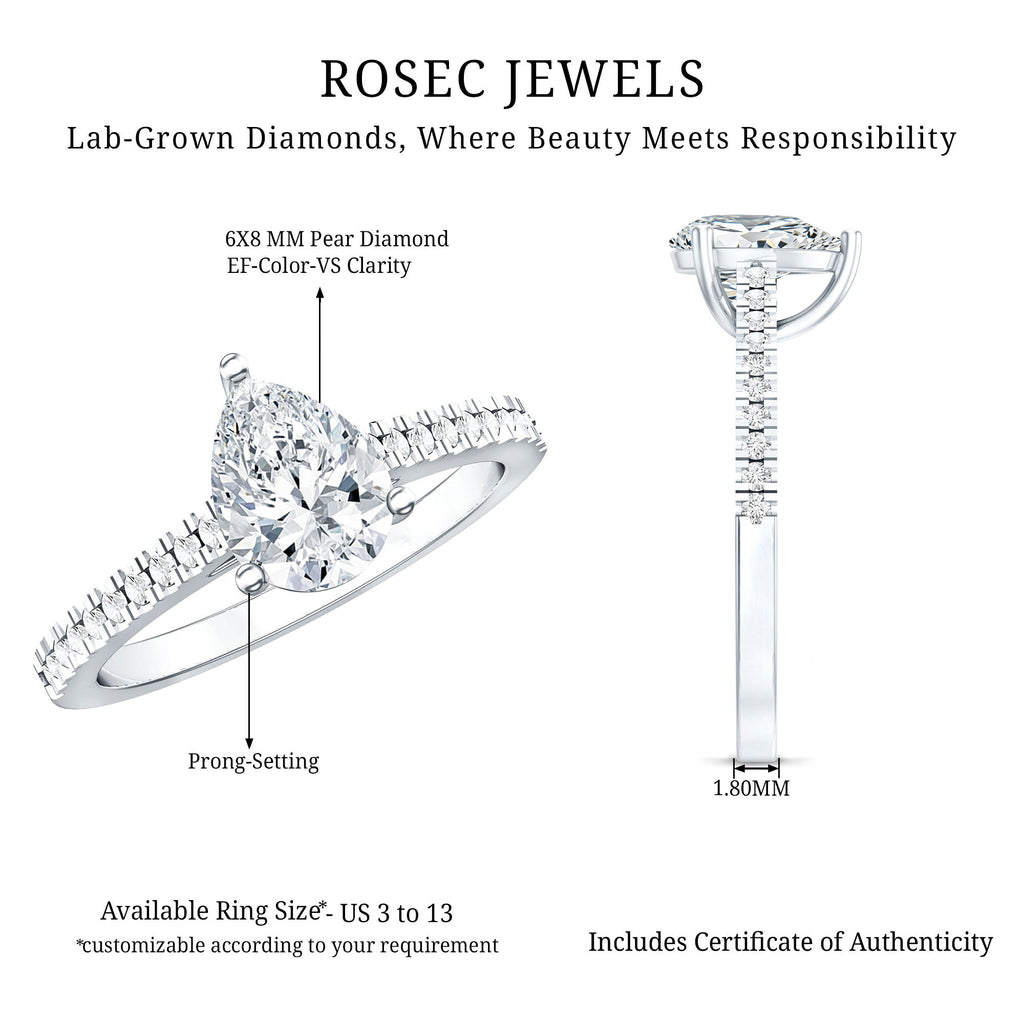 Lab Diamond 6X8 MM Pear Shape Engagement Ring With Side Stones