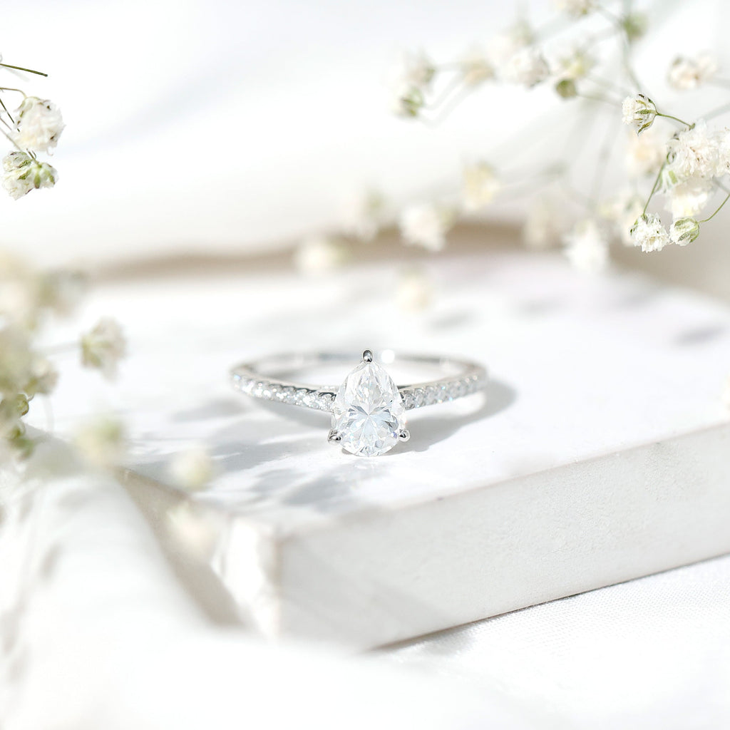 Lab Diamond 6X8 MM Pear Shape Engagement Ring With Side Stones