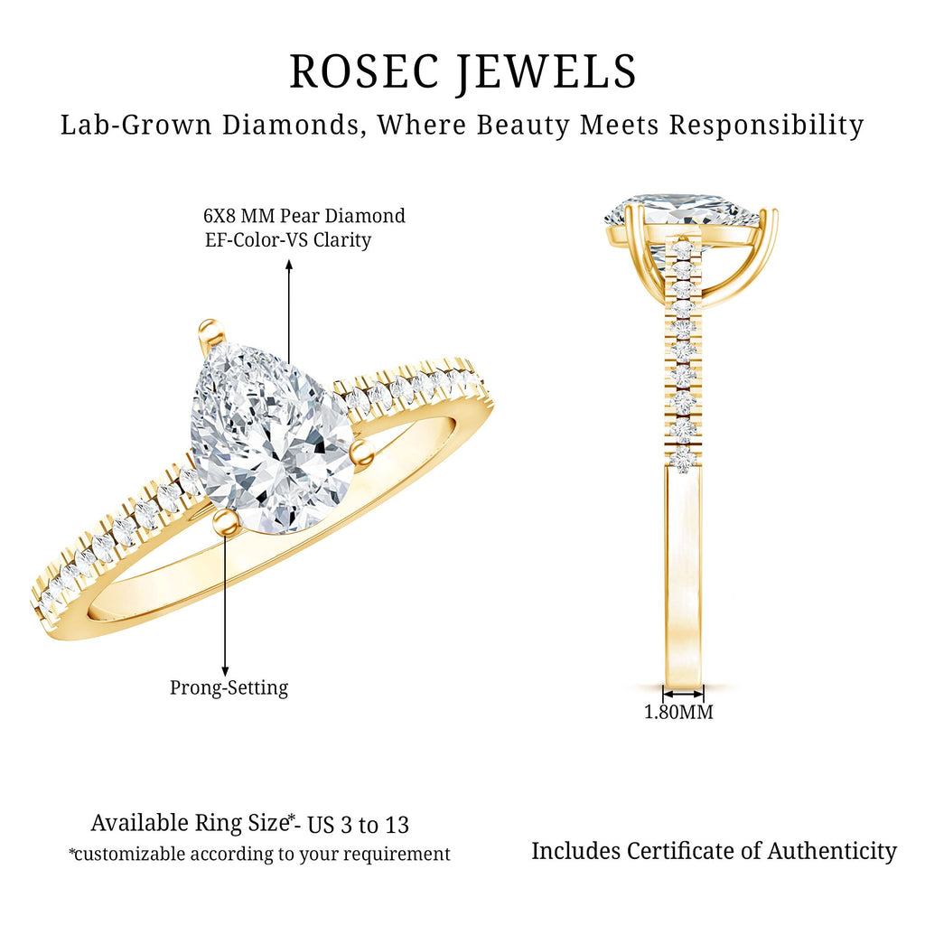 Lab Diamond 6X8 MM Pear Shape Engagement Ring With Side Stones