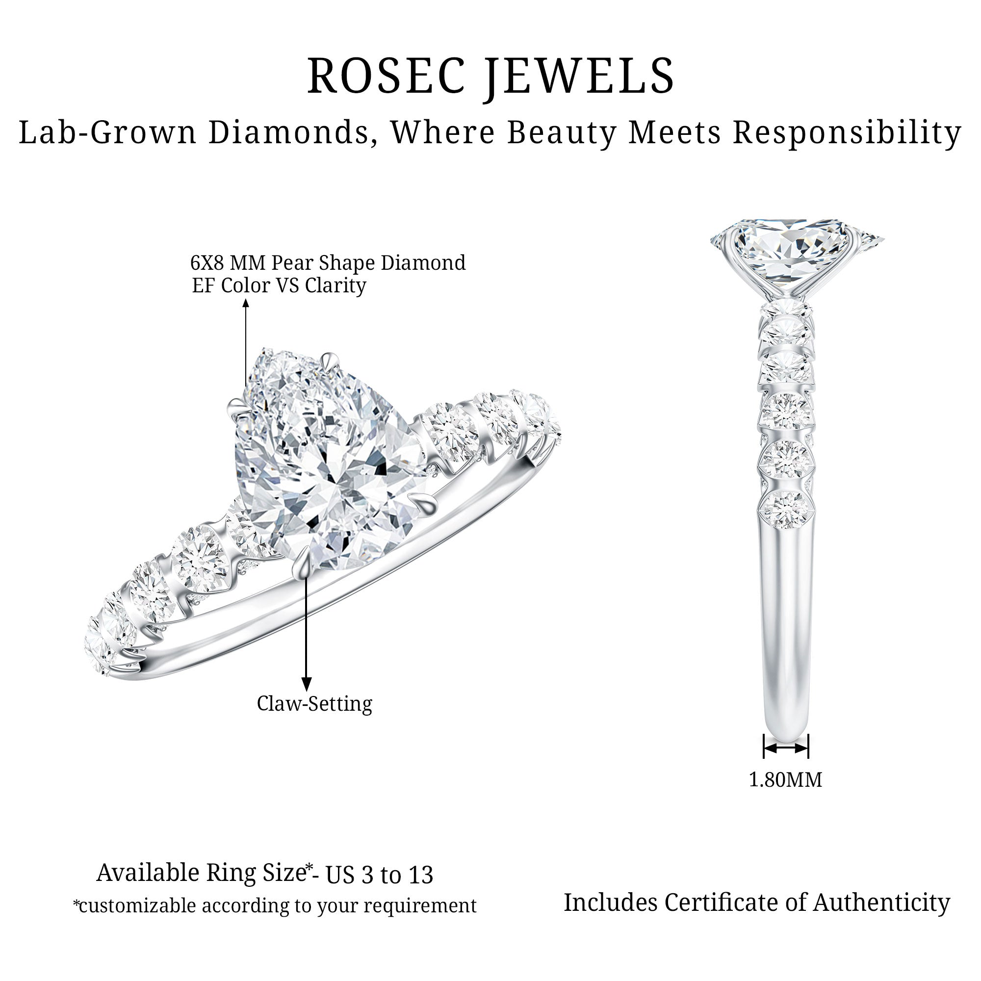 1 CT Pear Cut Lab Grown Diamond Engagement Ring for Women