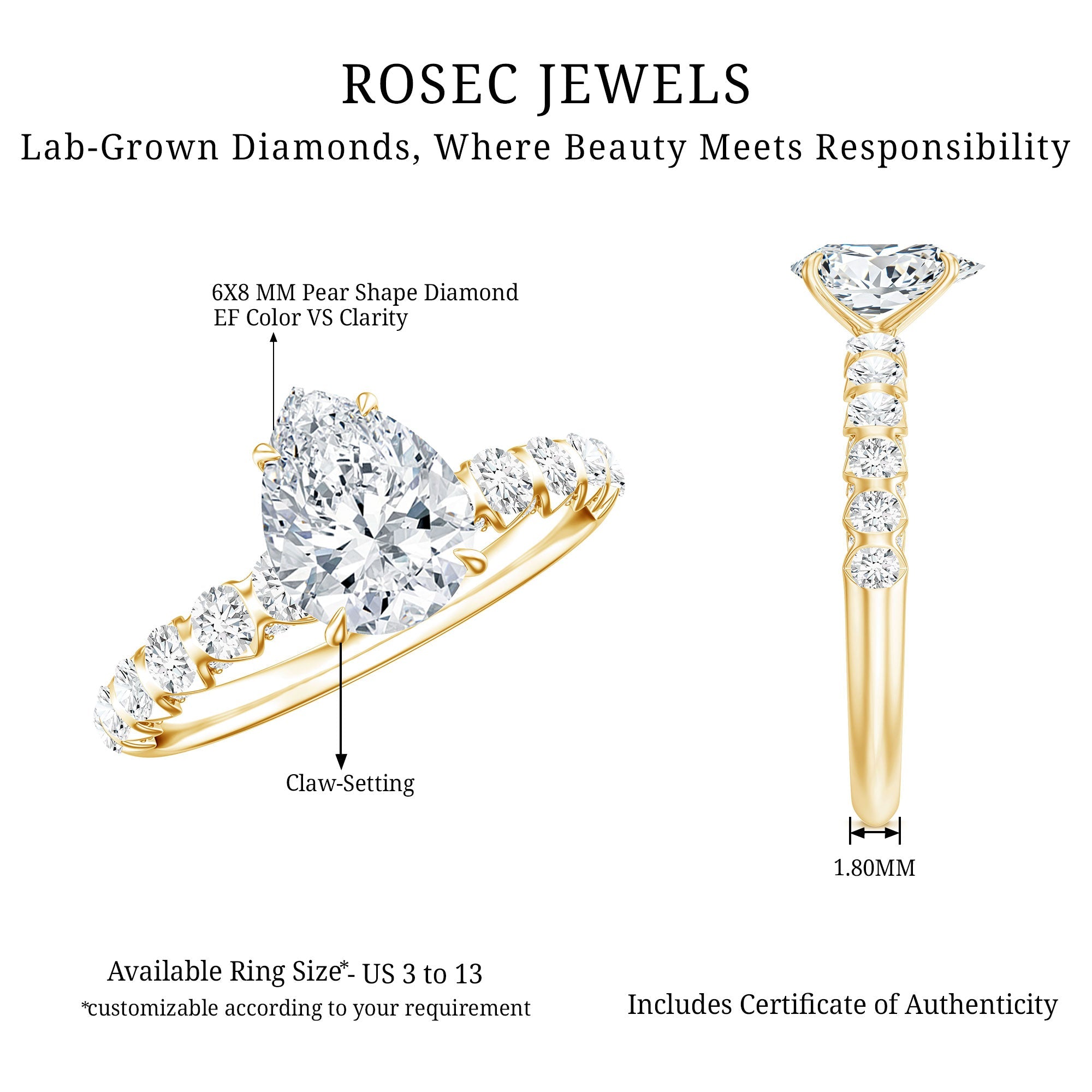 1 CT Pear Cut Lab Grown Diamond Engagement Ring for Women