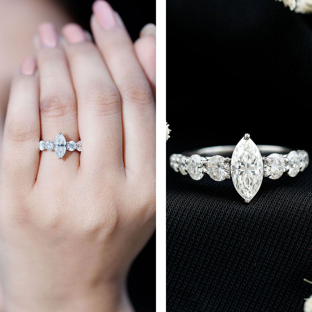 Lab Created Diamond Marquise Engagement Ring With Side Stones