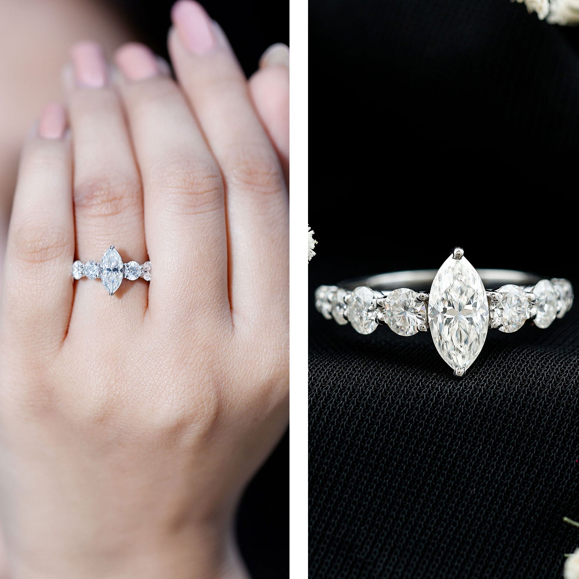 Lab Created Diamond Marquise Engagement Ring With Side Stones