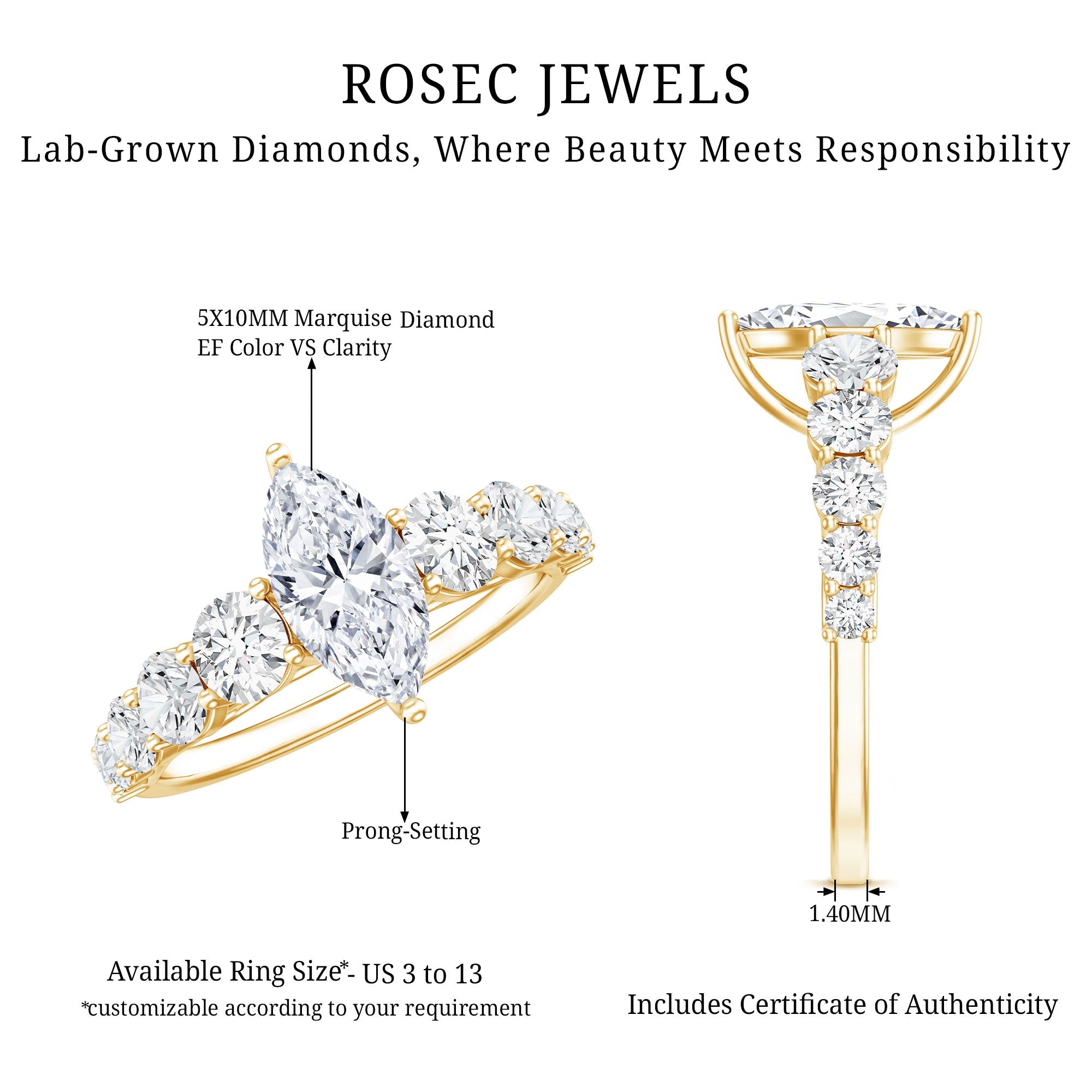 Lab Created Diamond Marquise Engagement Ring With Side Stones