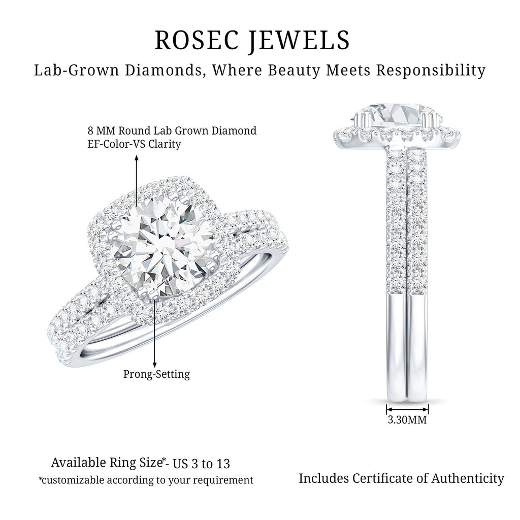 Lab Grown 2 Carat Diamond Halo Engagement Ring with Wedding Band