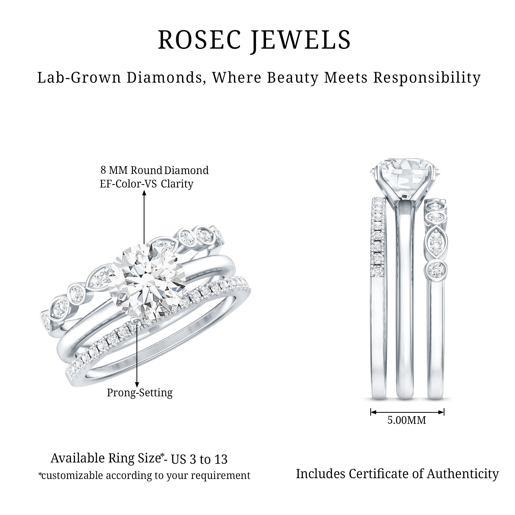 Certified Round Cut Lab Created Diamond 3 Piece Bridal Ring Set