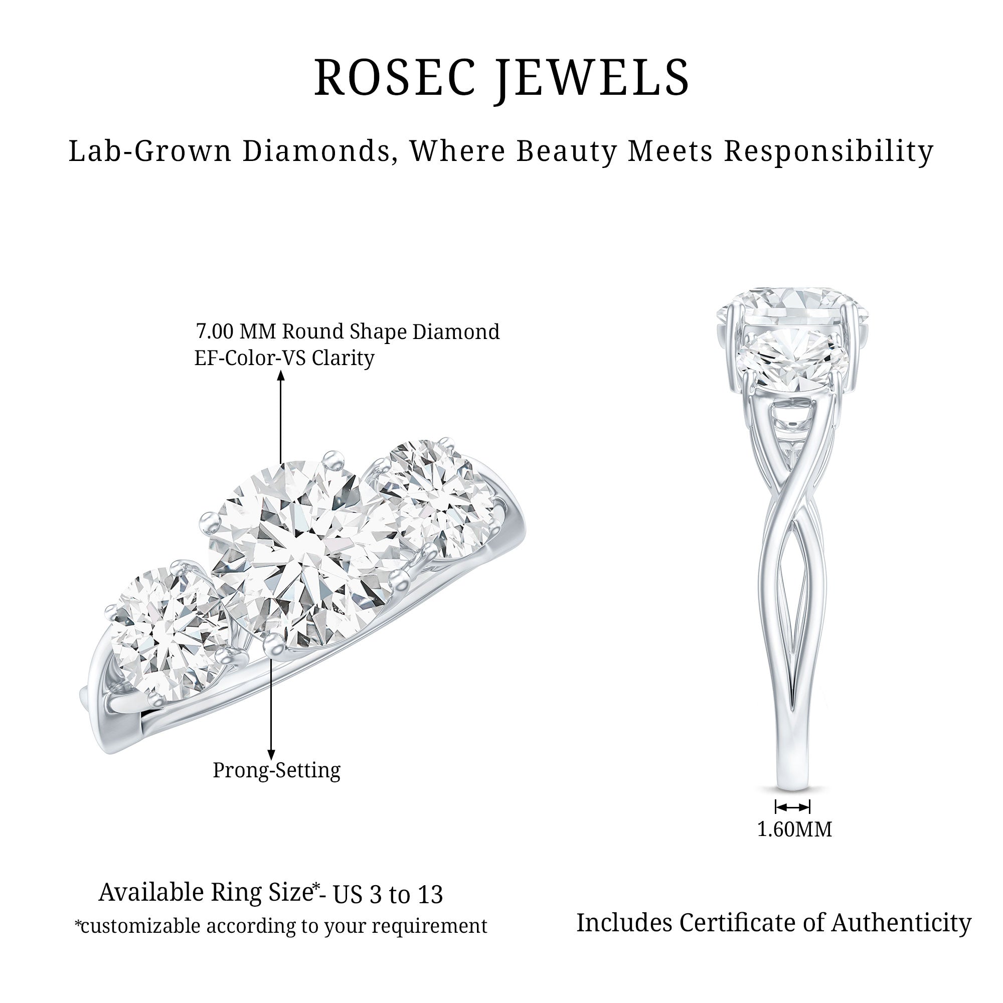 Lab Grown Diamond Three Stone Engagement Ring with Crossover Shank