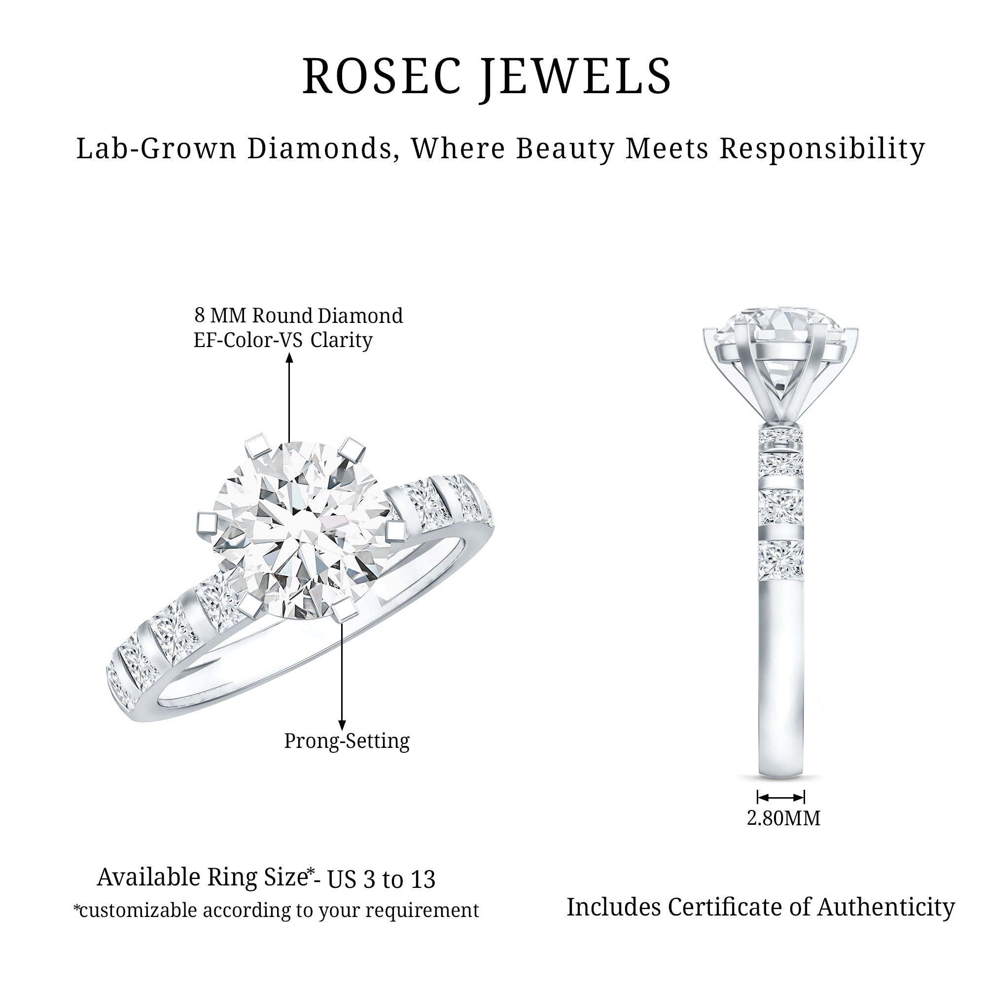 Certified Lab Diamond 8 mm Round Engagement Ring With 6 Prong