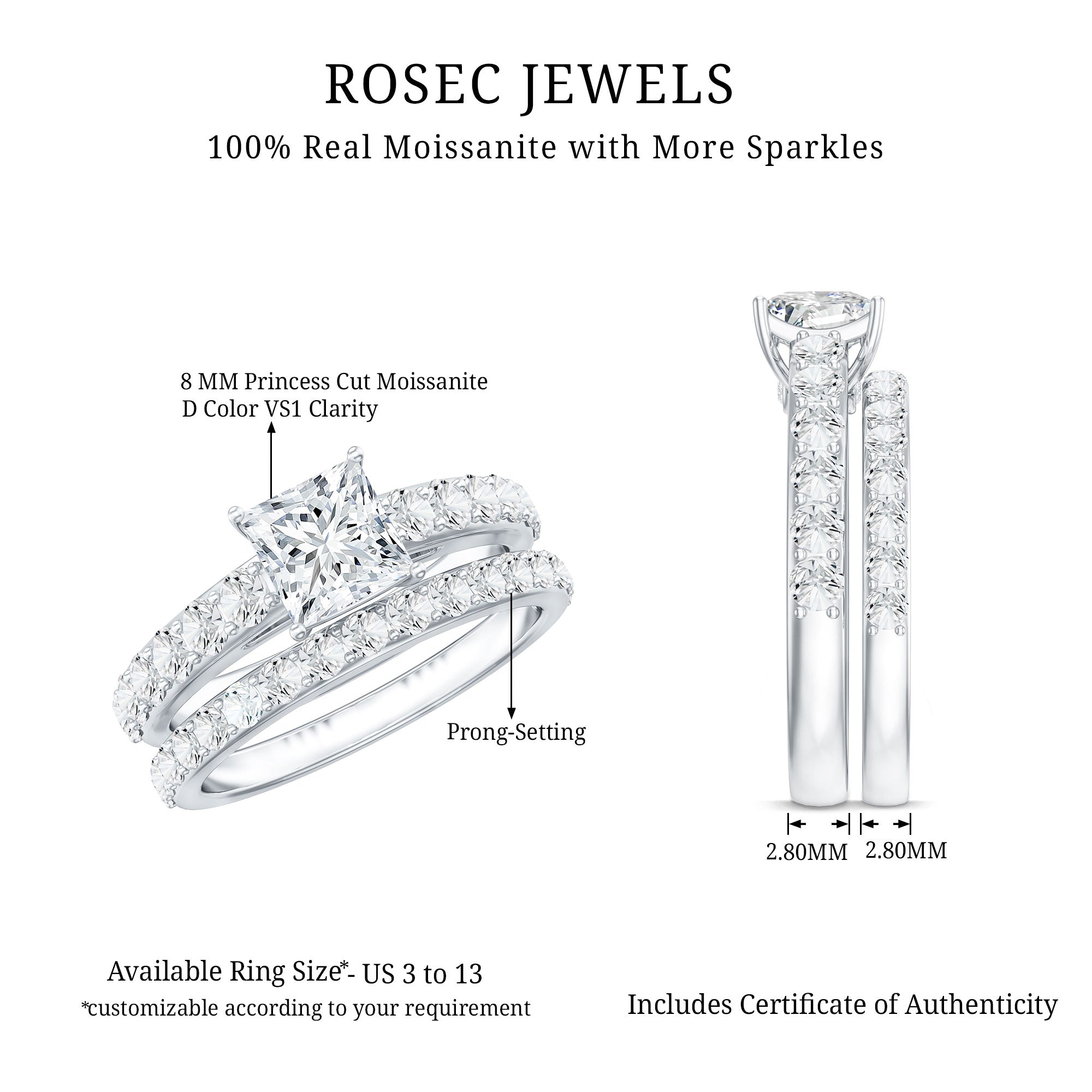 IGI Certified 1 Carat Lab Grown Diamond Princess Cut Engagement Ring with Band