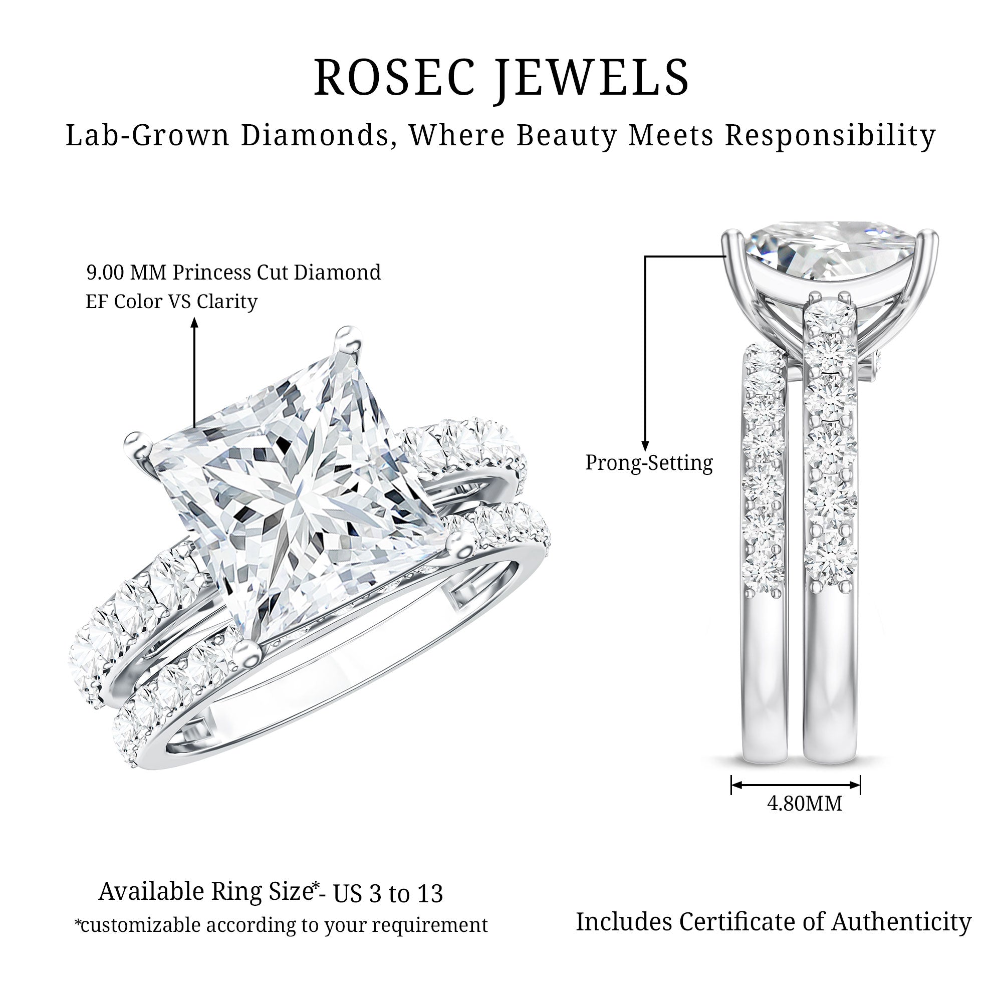 4 Carat IGI Certified Lab Grown Diamond Princess Cut Bridal Ring Set