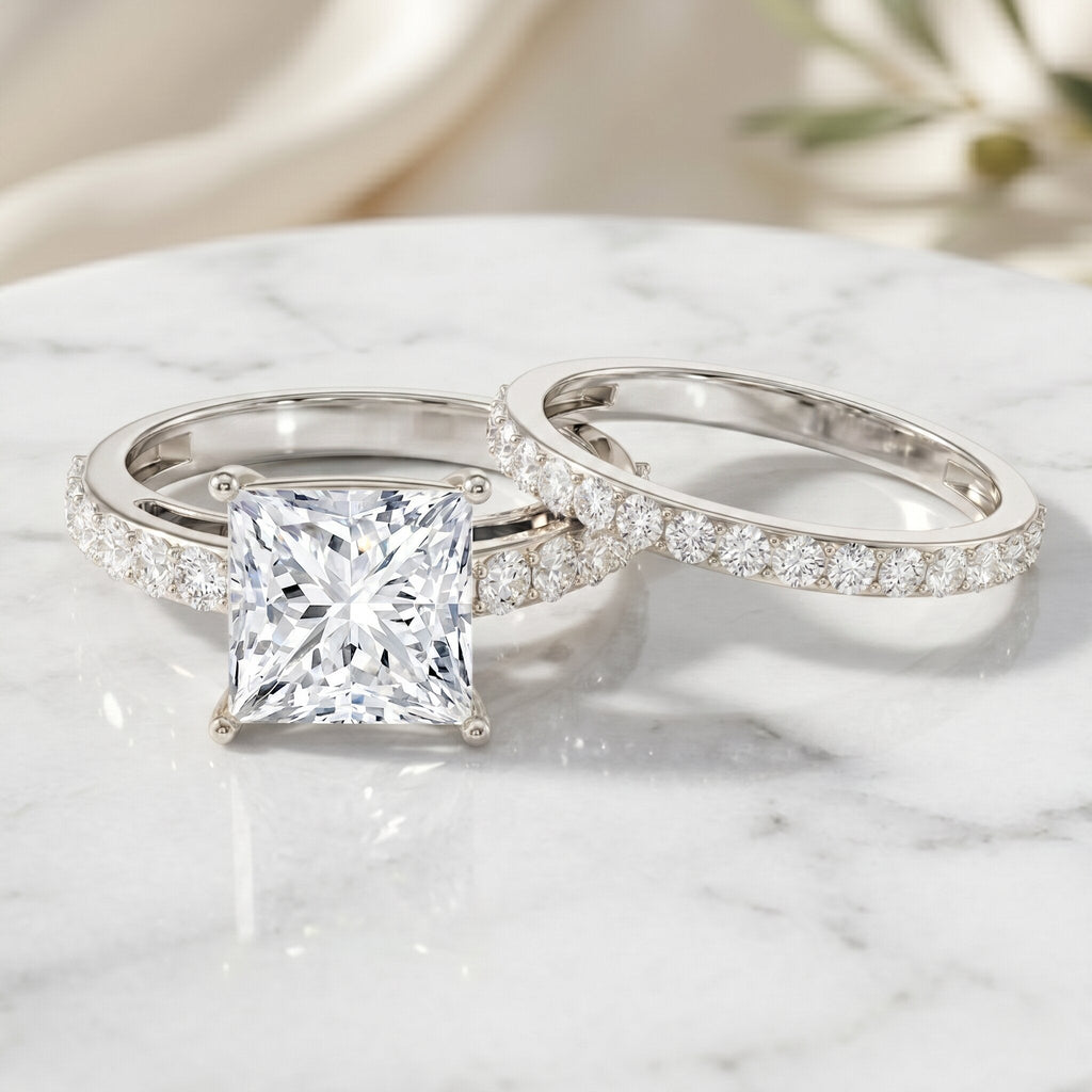 4 Carat IGI Certified Lab Grown Diamond Princess Cut Bridal Ring Set