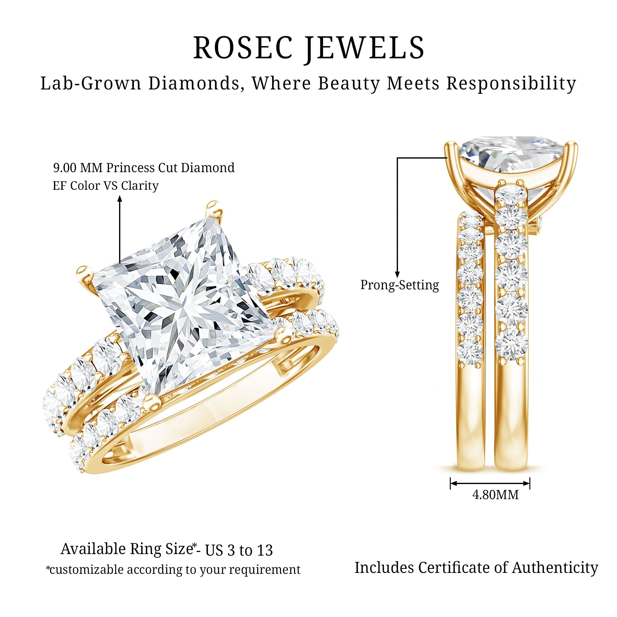 4 Carat IGI Certified Lab Grown Diamond Princess Cut Bridal Ring Set
