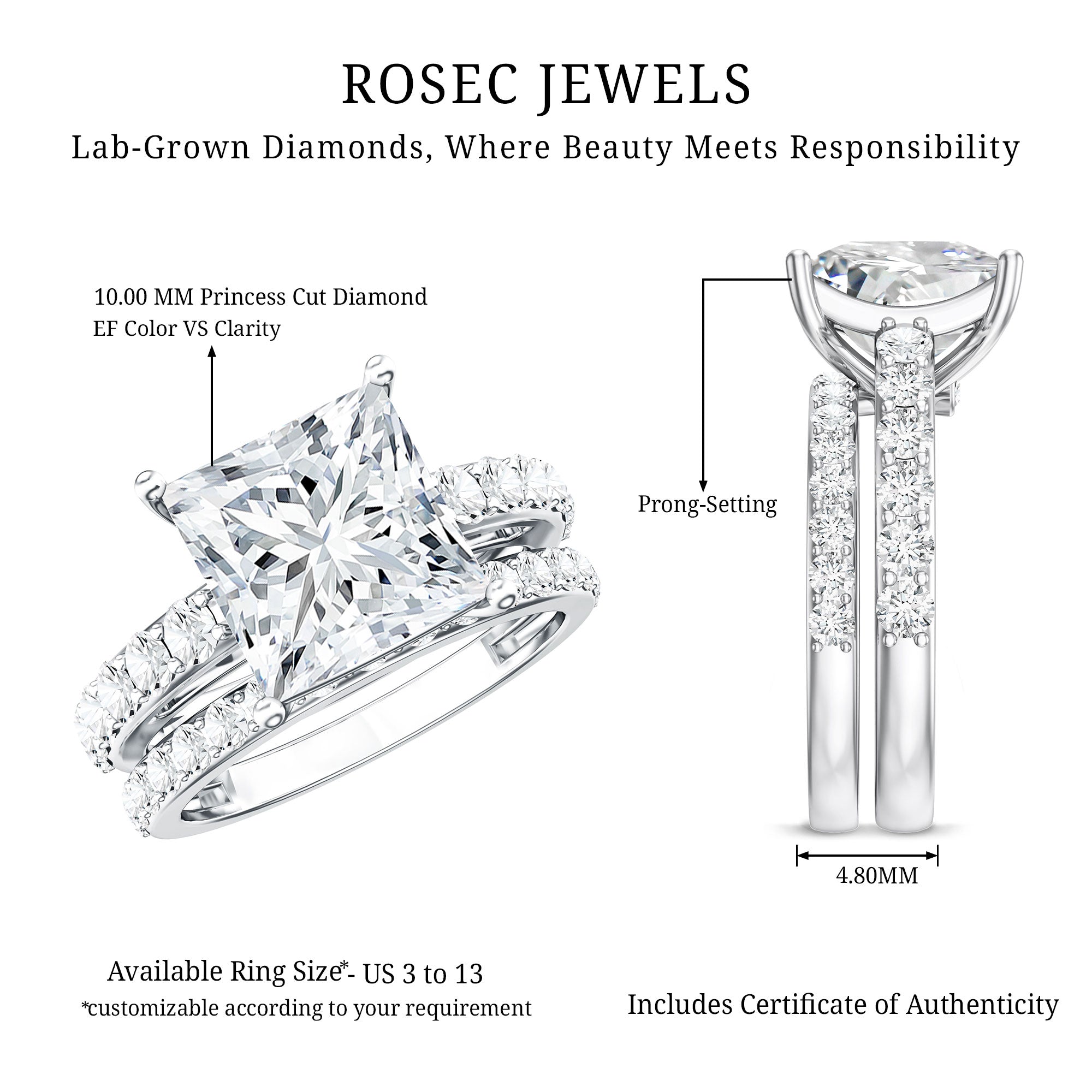 5 Carat IGI Certified Princess Cut Lab Diamond Engagement Ring with Band