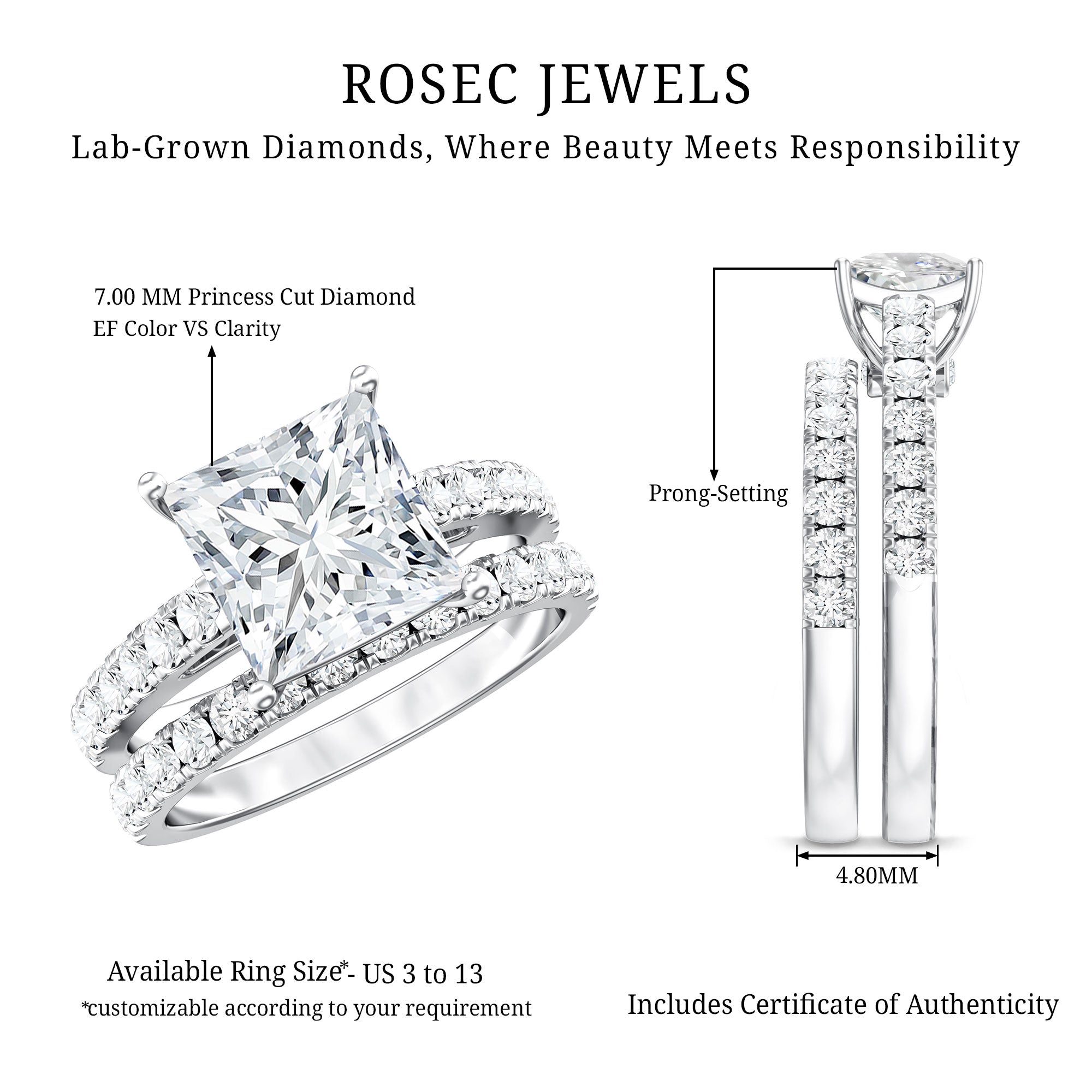 IGI Certified 2 Carat Lab Grown Diamond Princess Cut Bridal Ring Set