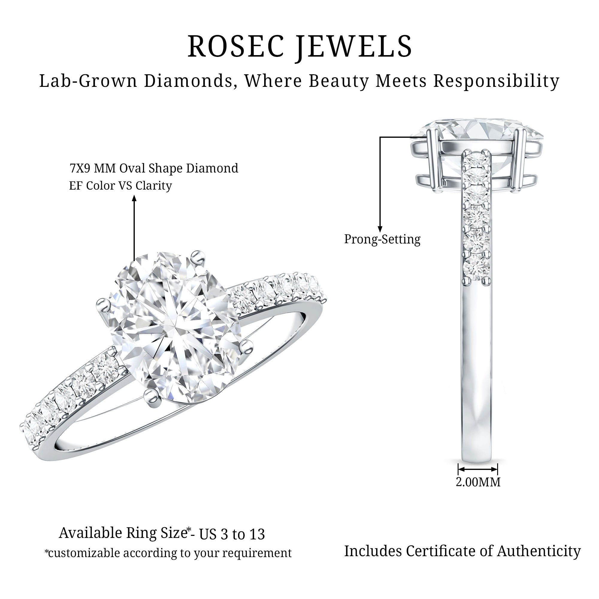 Lab Grown 2 Carat Diamond Oval Engagement Ring with IGI Certificate