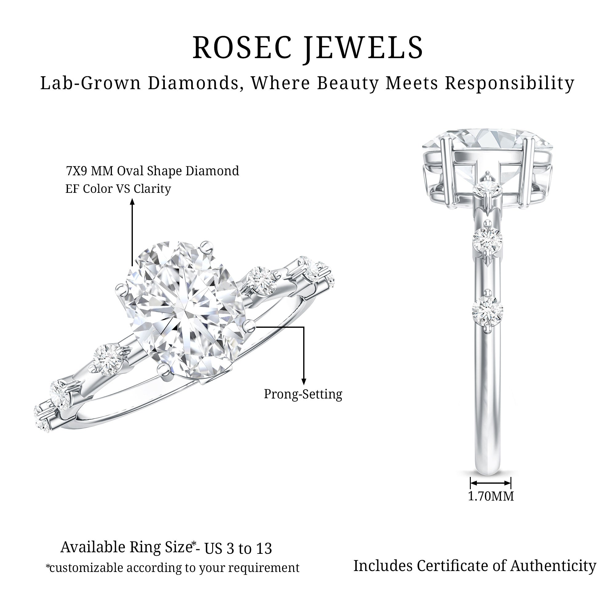 IGI Certified 2 Carat Lab Grown Diamond Oval Engagement Ring with Spaced Accent