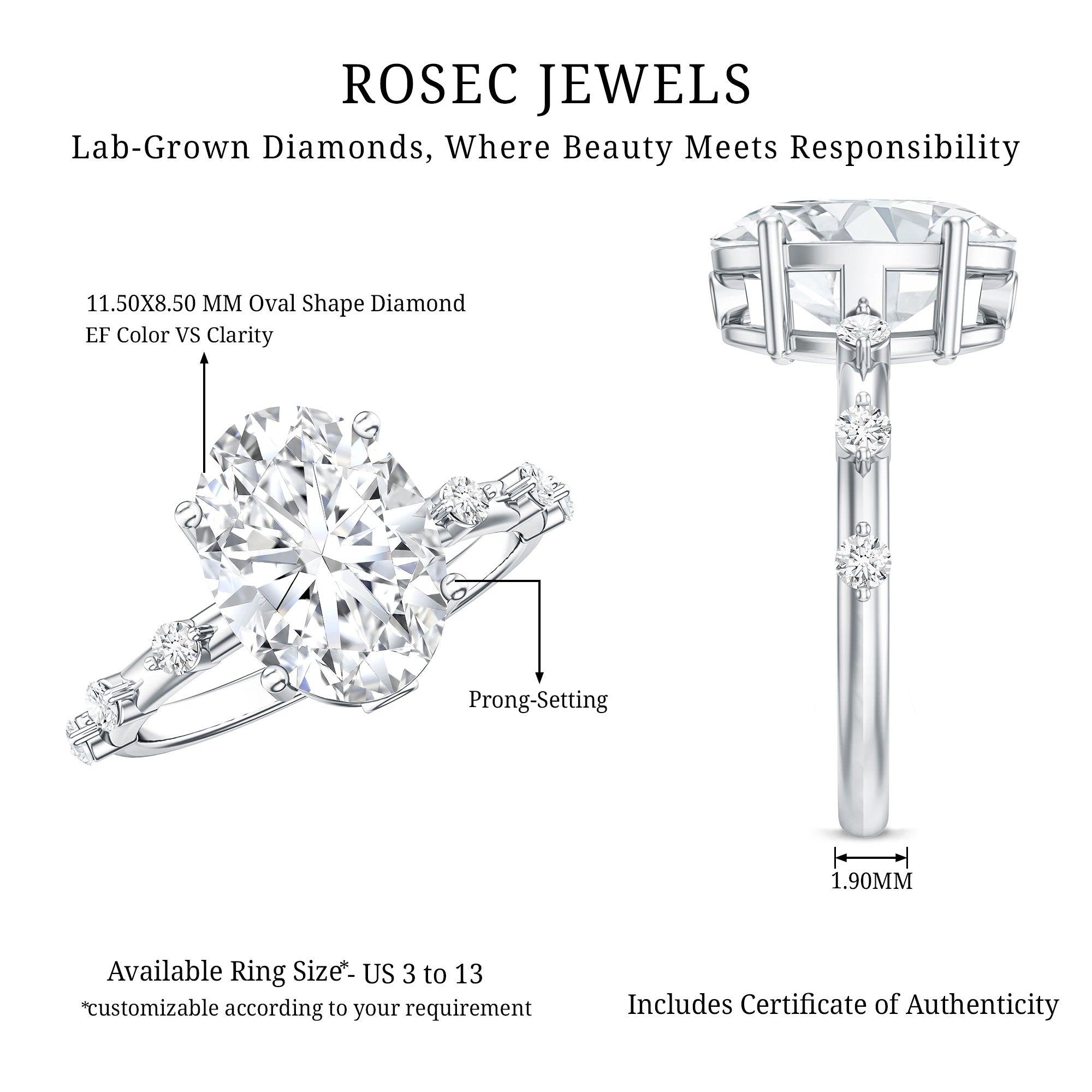 3 Carat Oval Lab Grown Diamond Solitaire Engagement Ring with IGI Certificate