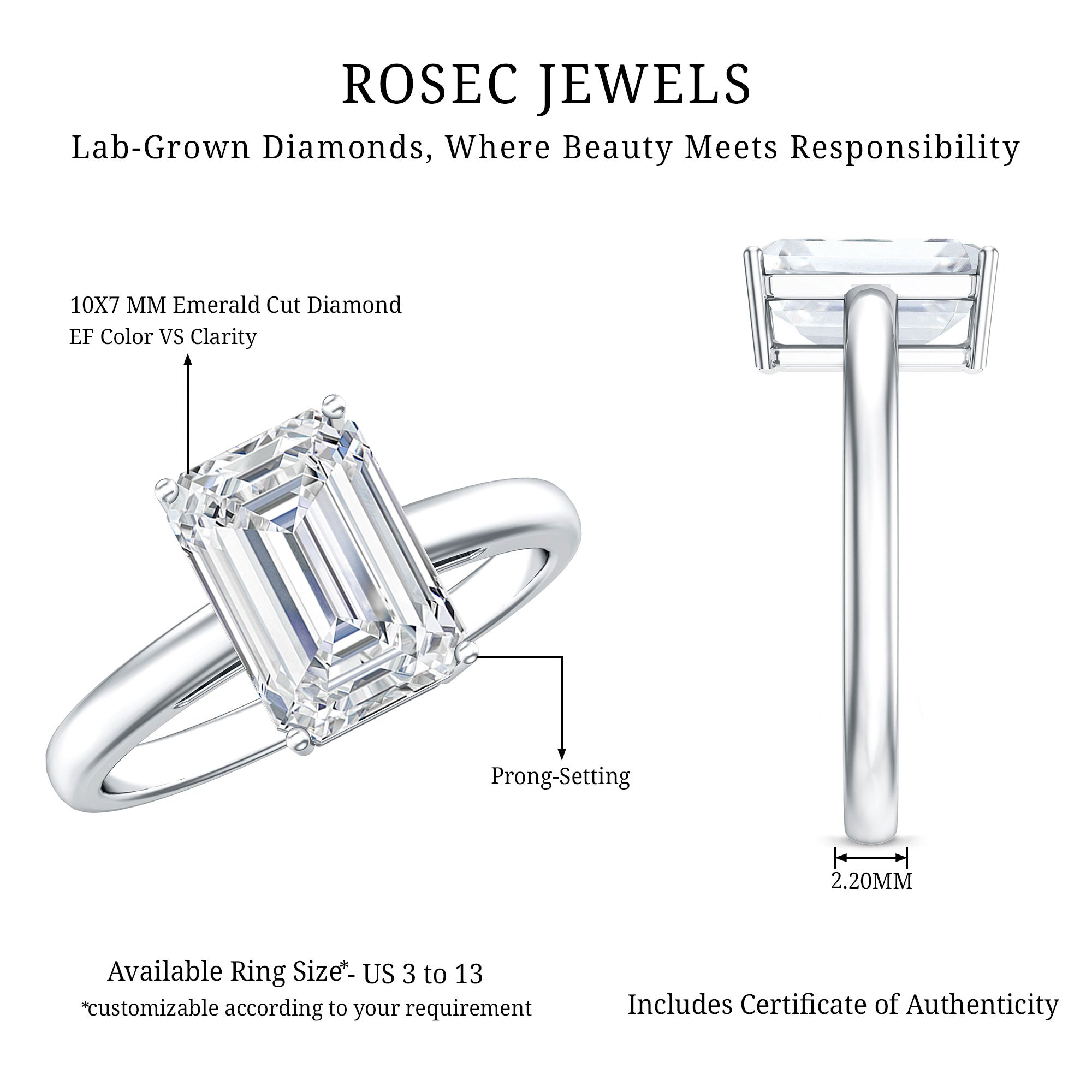 IGI Certified Emerald Cut Lab Grown Diamond 3 Carat Engagement Ring
