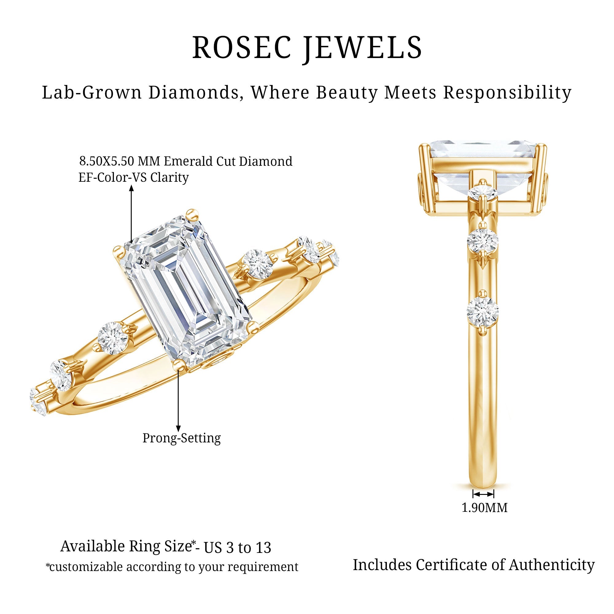 Emerald Cut 2 Carat Lab Grown Diamond Engagement Ring IGI Certified