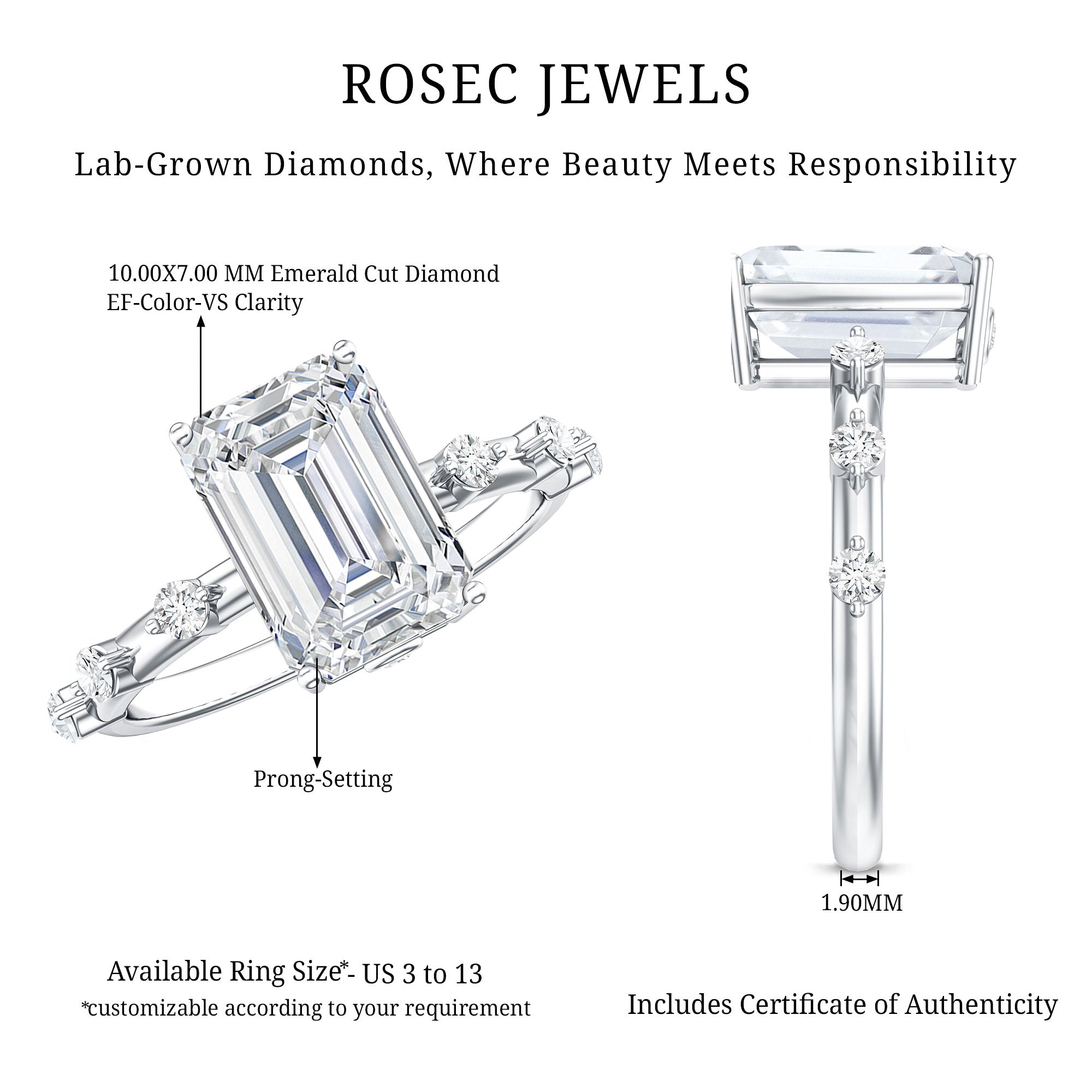 IGI Certified 3 Carat Emerald Cut Lab Grown Diamond Engagement Ring