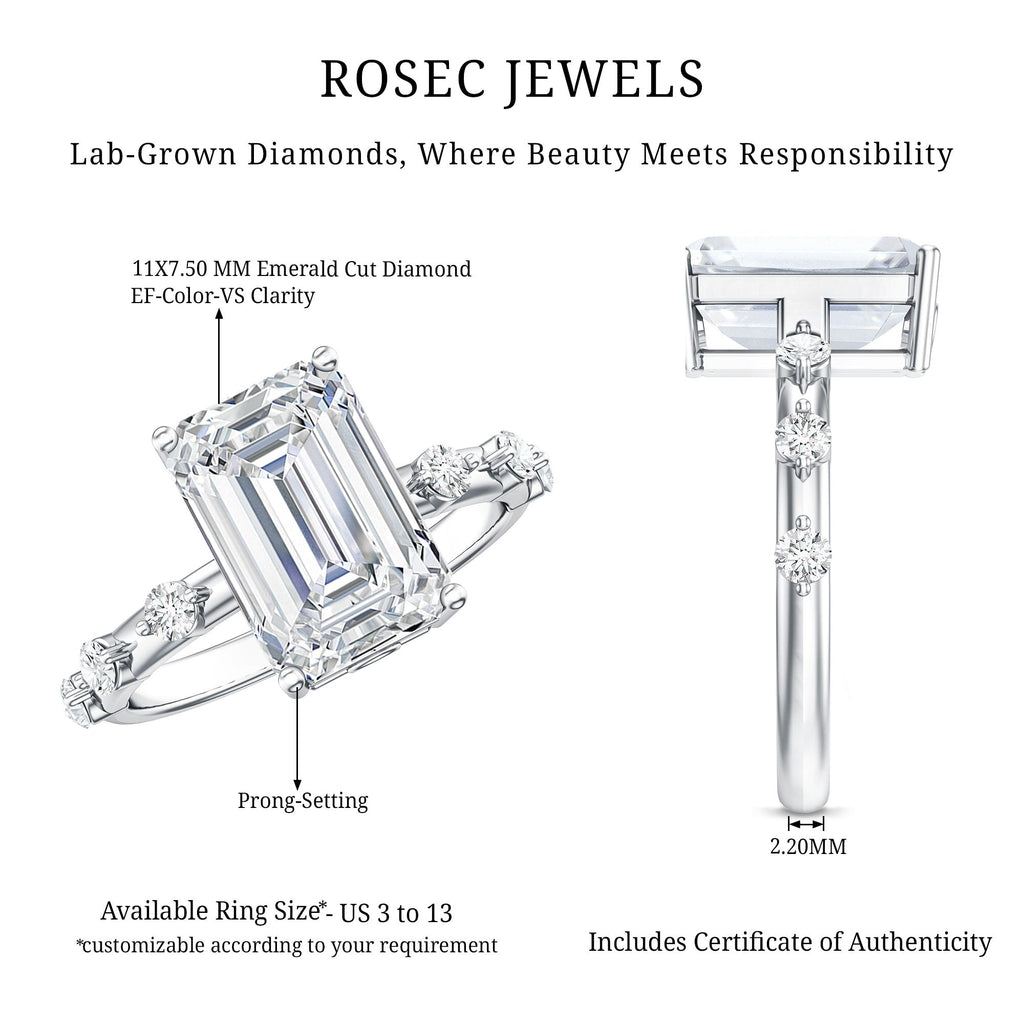 IGI Certified 4 Carat Lab Grown Emerald Cut Diamond Engagement Ring with Spaced Accent