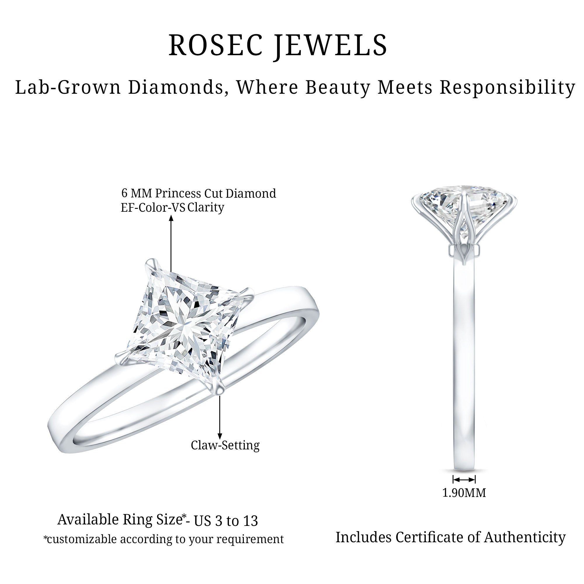 1 Carat Lab Created Diamond Princess Cut Engagement Ring IGI Certified