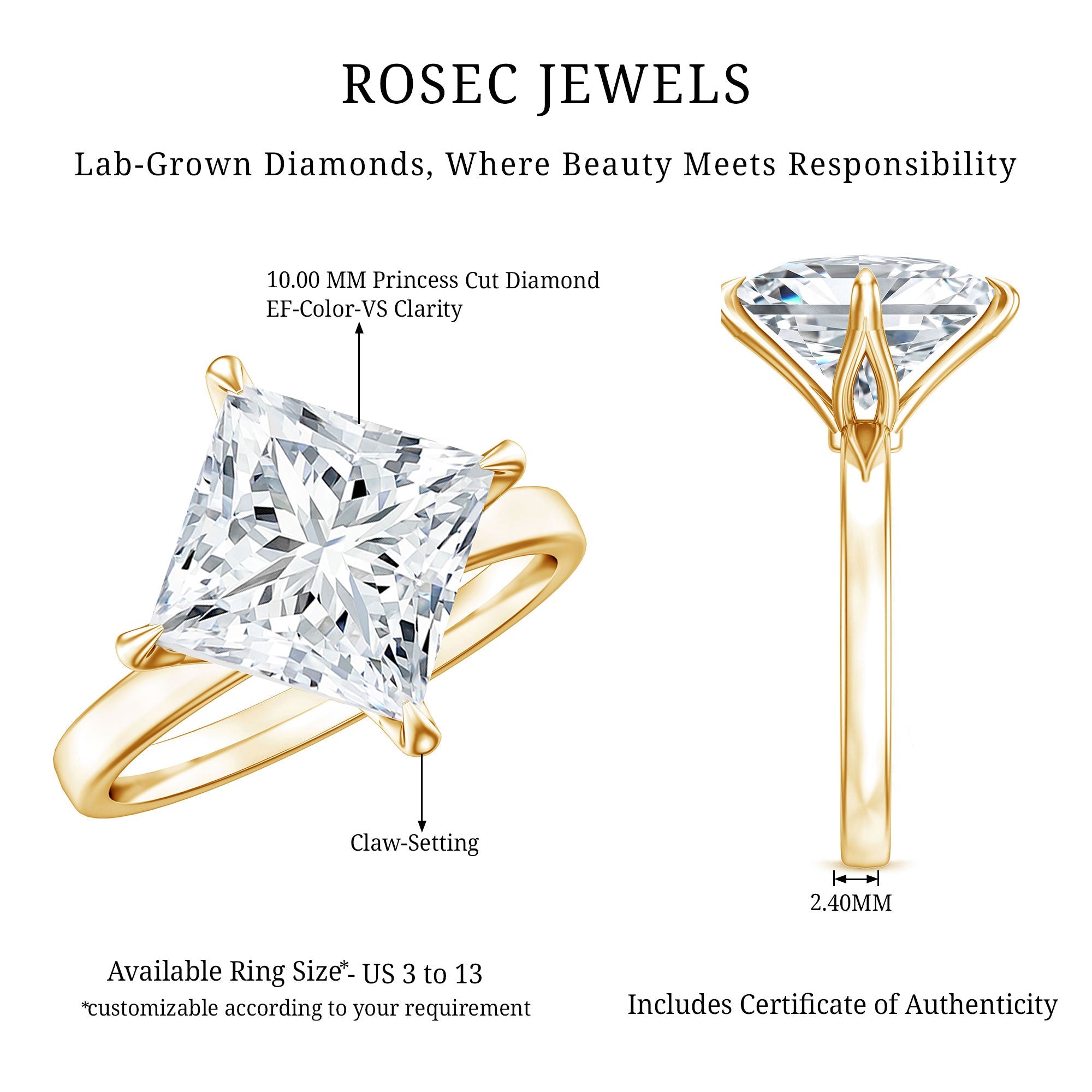 Solitaire 5 Carat Princess Cut Lab Grown Diamond Huge Engagement Ring with IGI Certificate