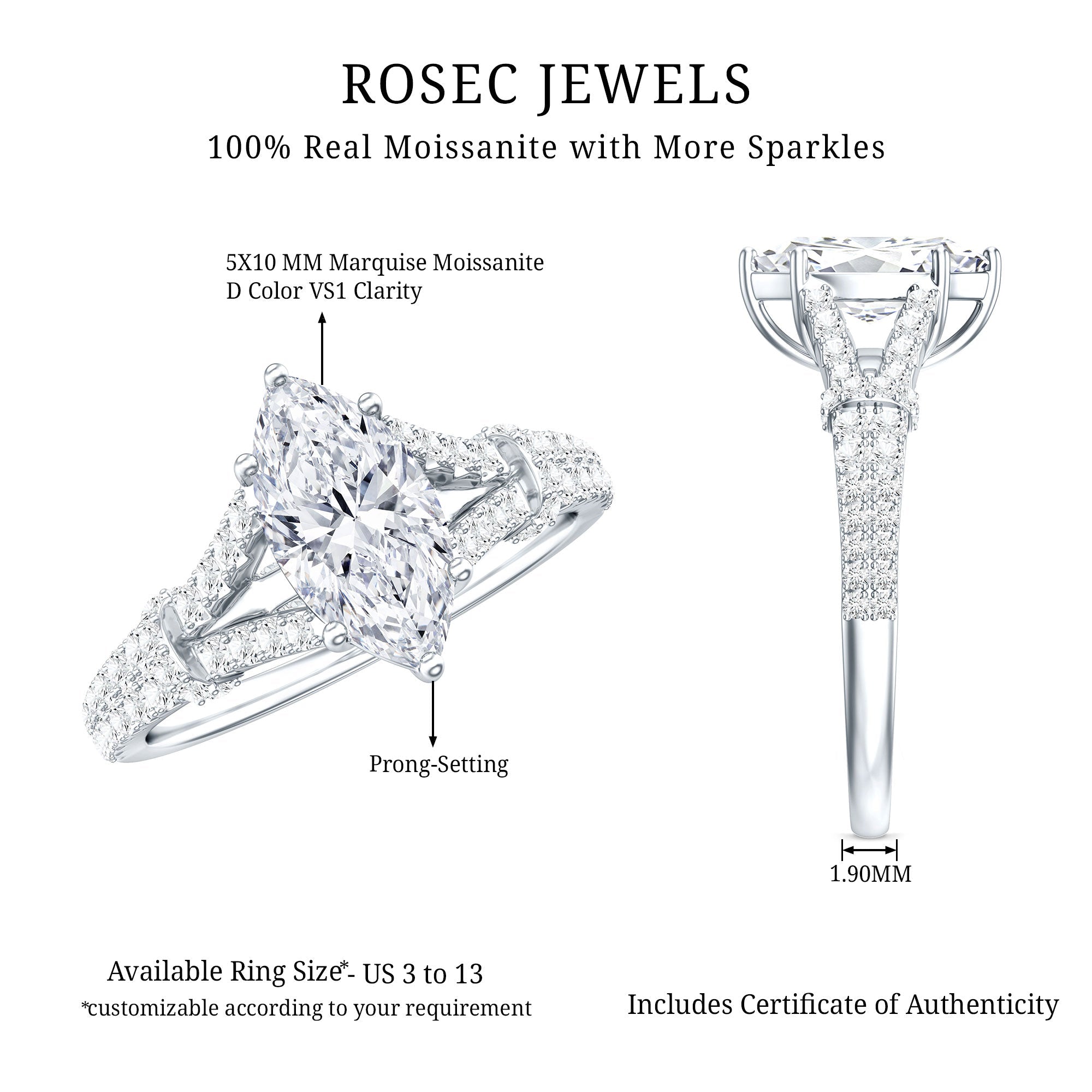 1 Carat Marquise Cut Lab Grown Diamond Split Shank Engagement Ring with IGI Certificate