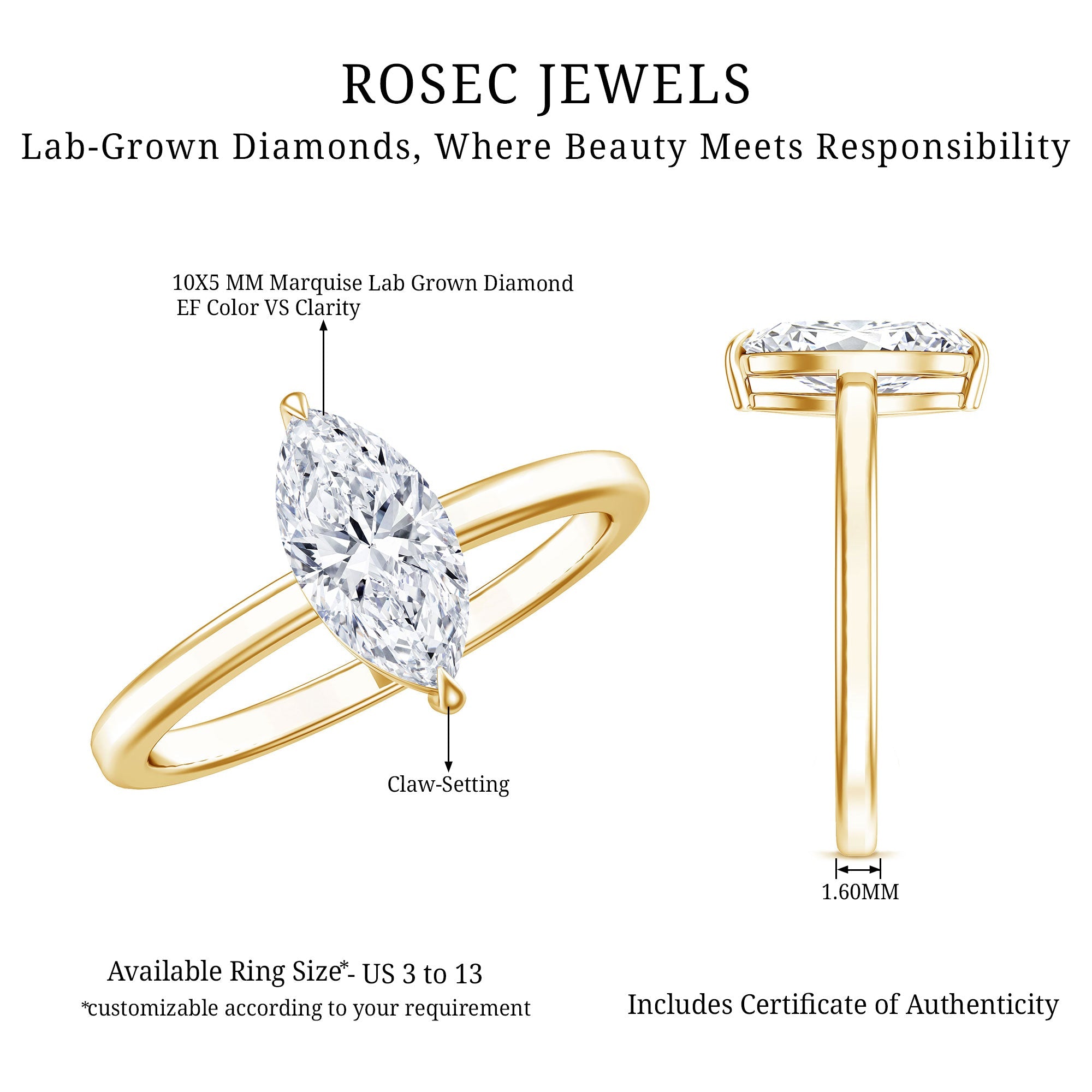 IGI Certified Lab Grown 1 Carat Diamond Marquise Engagement Ring Solitaire