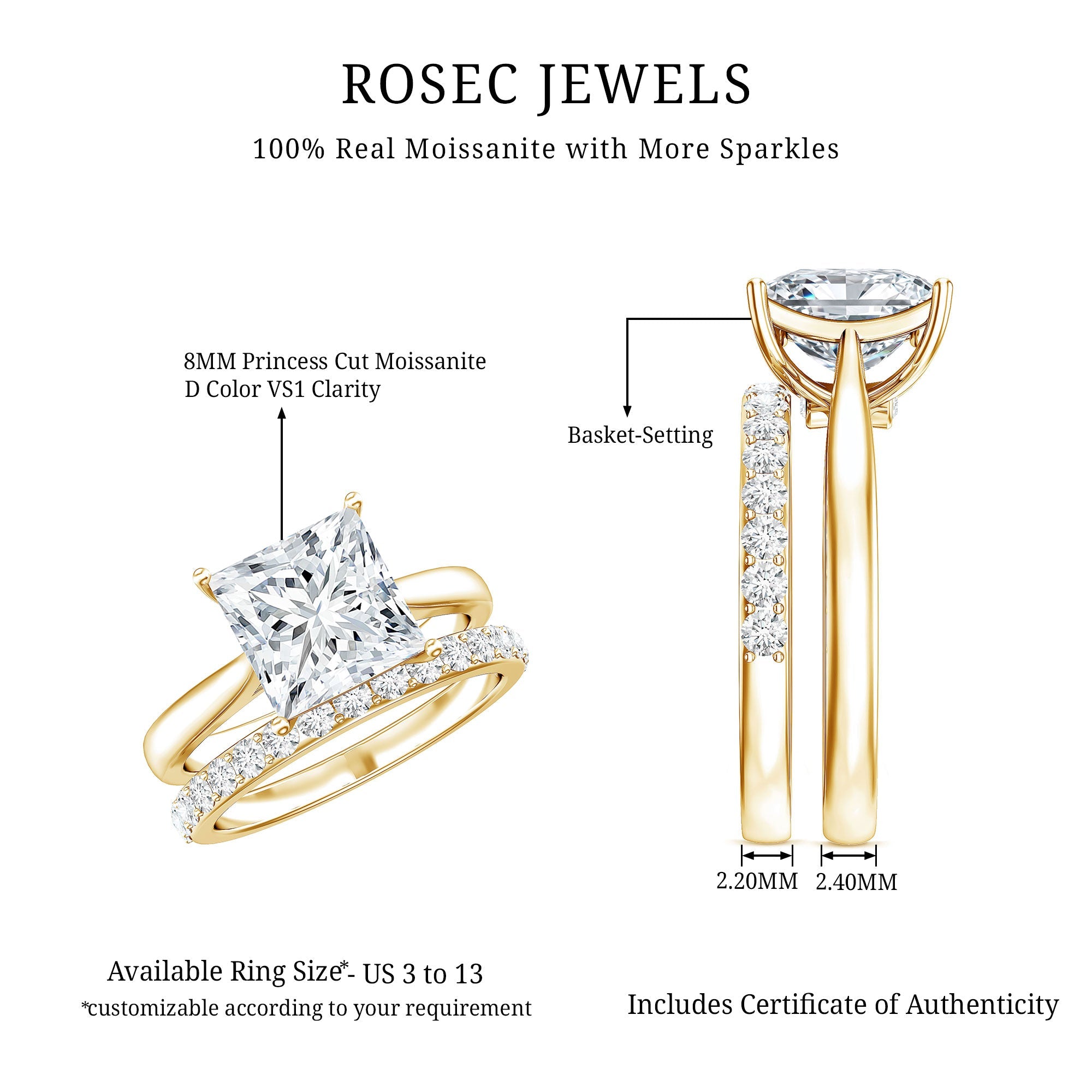 IGI Certified 3 Carat Lab Grown Diamond Princess Cut Wedding Ring Set for Women