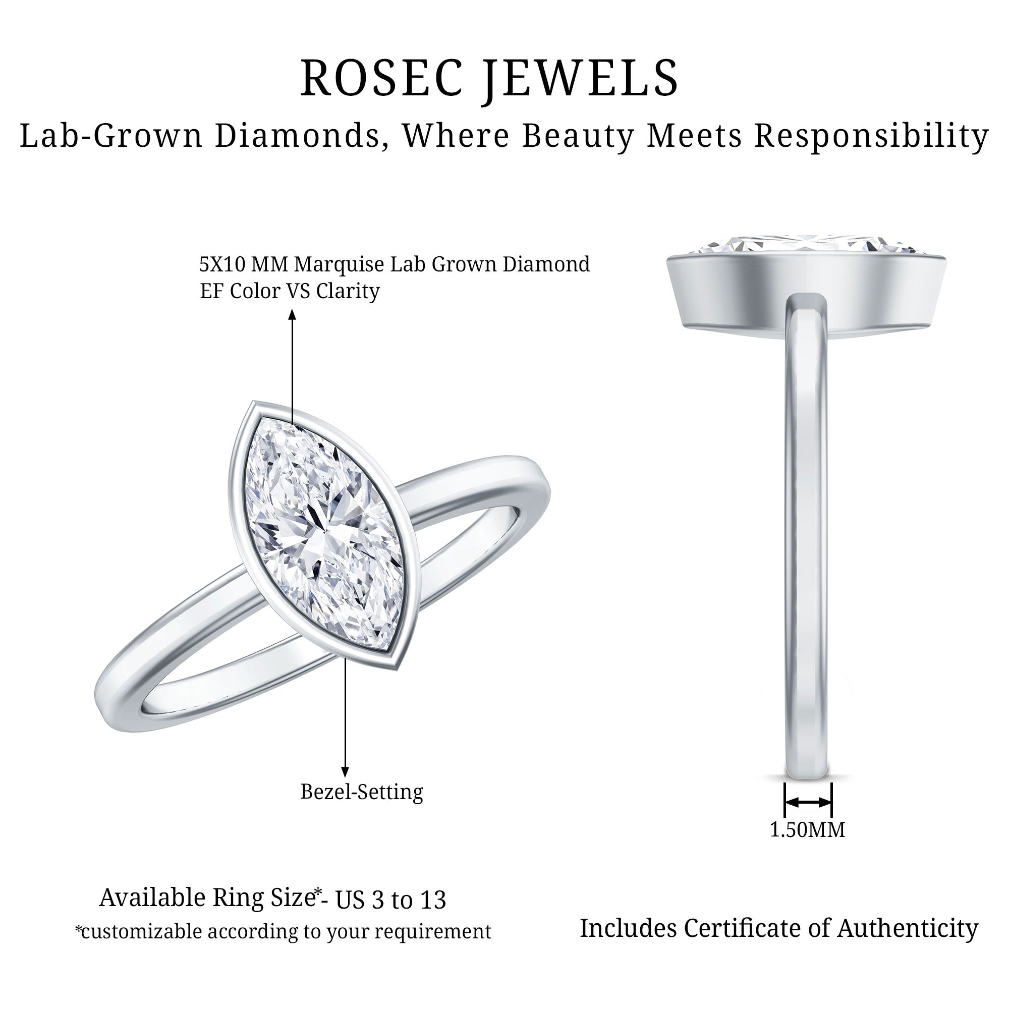 IGI Certified 1 Carat Marquise Lab Grown Diamond Engagement Ring in Bezel Setting
