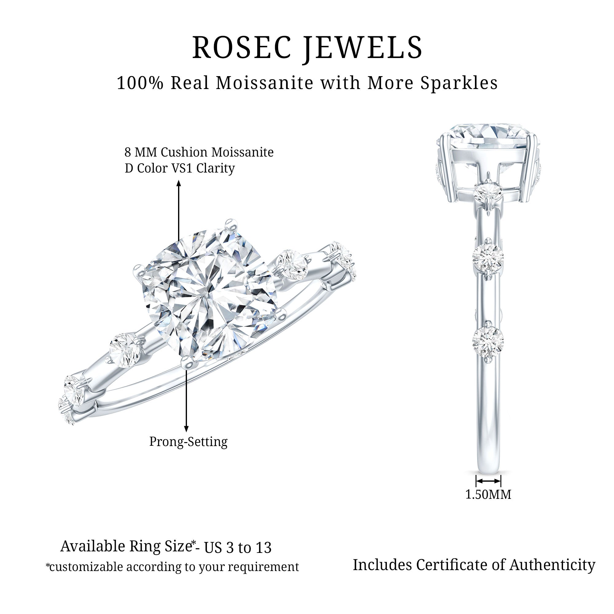 Cushion Cut 2 Carat Lab Grown Diamond Solitaire Engagement Ring with IGI Certificate