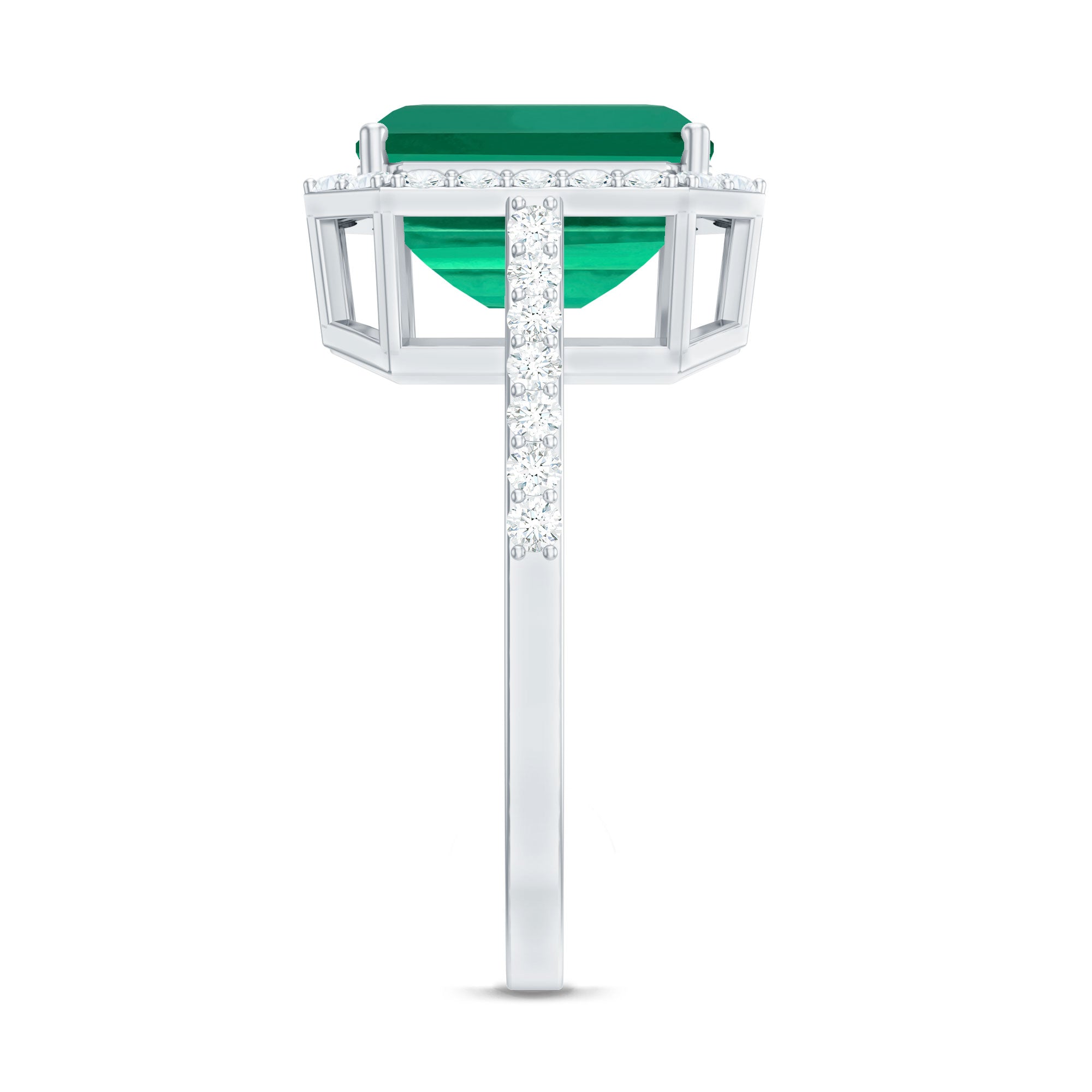 Lab Grown 3 Carat Emerald Cut Emerald Engagement Ring with Diamond Halo