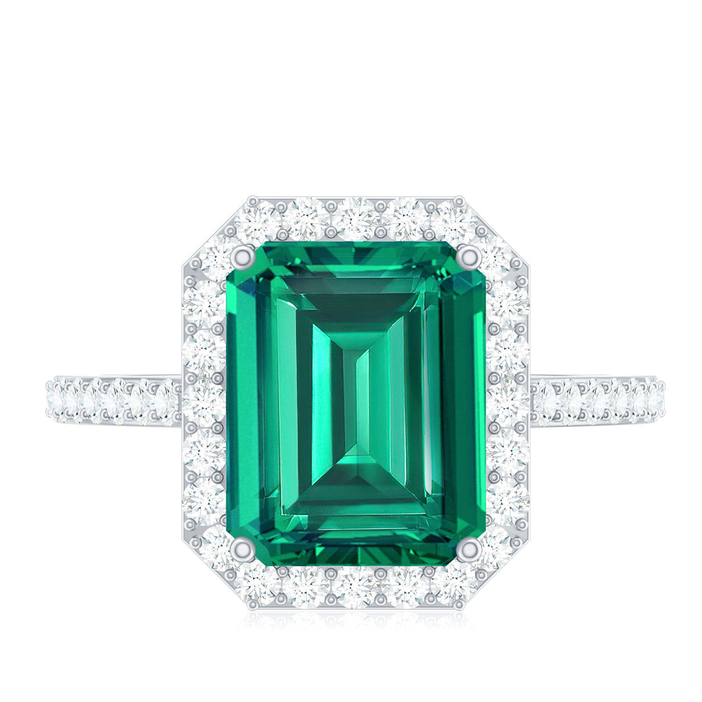 Lab Grown 3 Carat Emerald Cut Emerald Engagement Ring with Diamond Halo