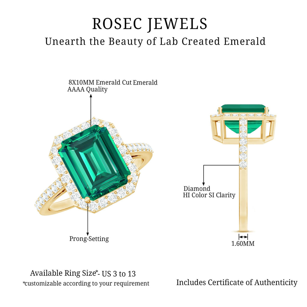 Lab Grown 3 Carat Emerald Cut Emerald Engagement Ring with Diamond Halo