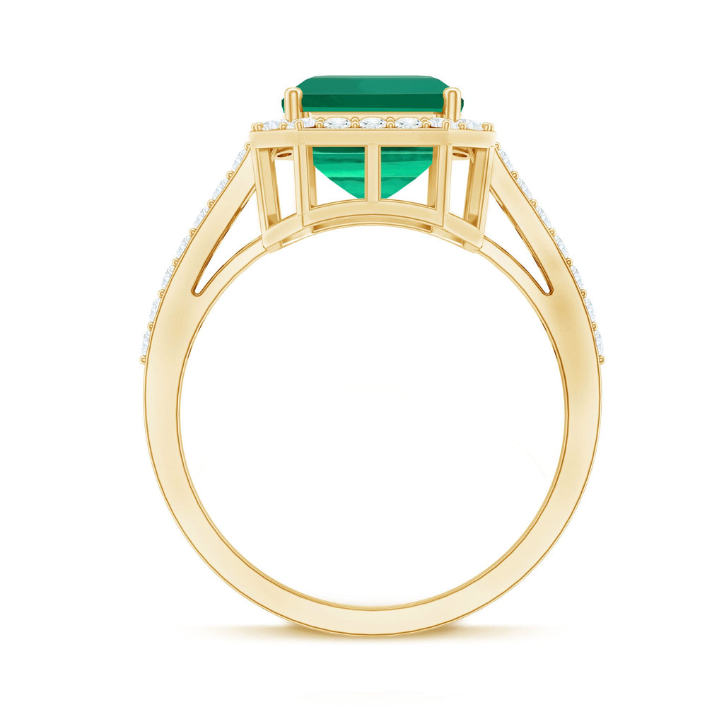 Lab Grown 3 Carat Emerald Cut Emerald Engagement Ring with Diamond Halo