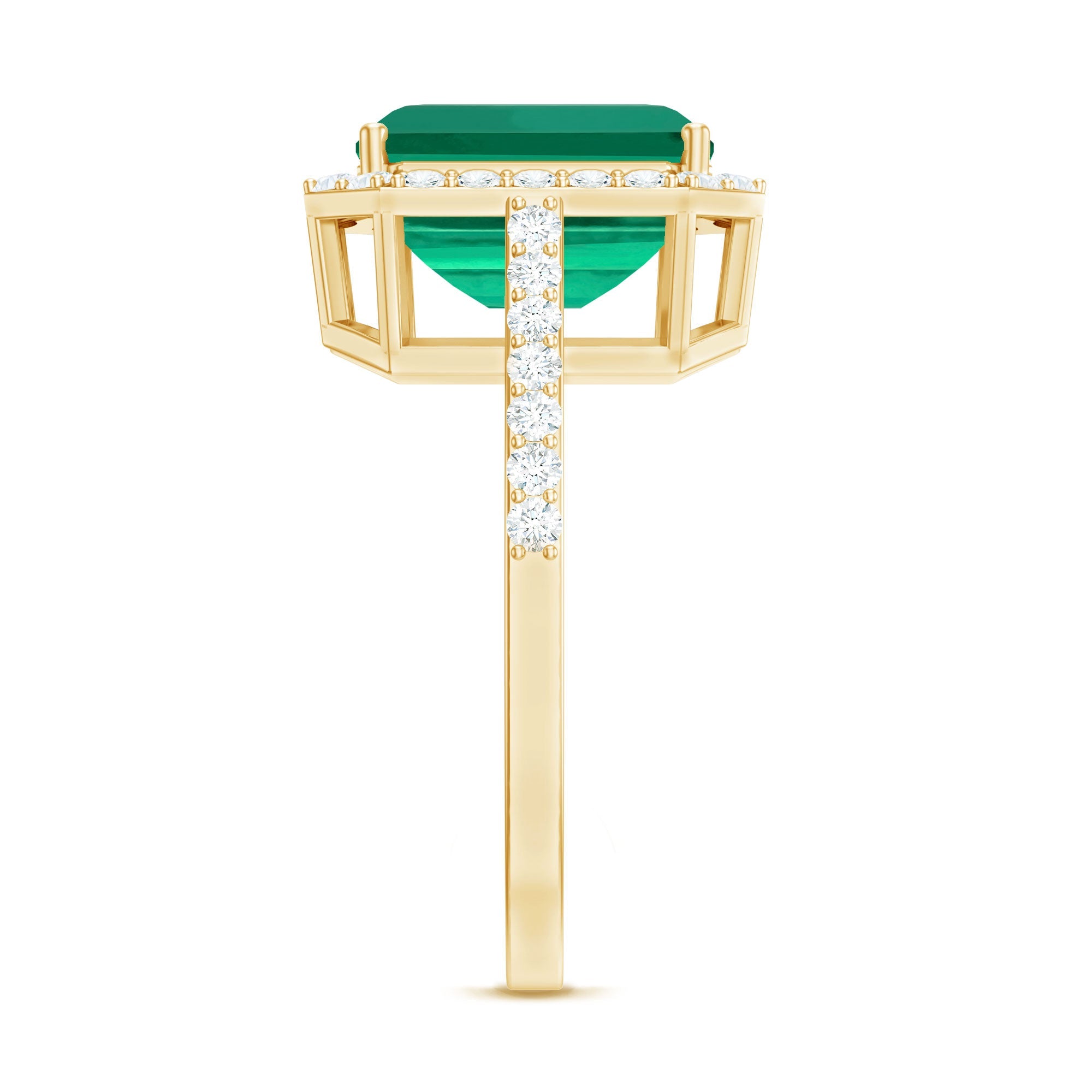 Lab Grown 3 Carat Emerald Cut Emerald Engagement Ring with Diamond Halo