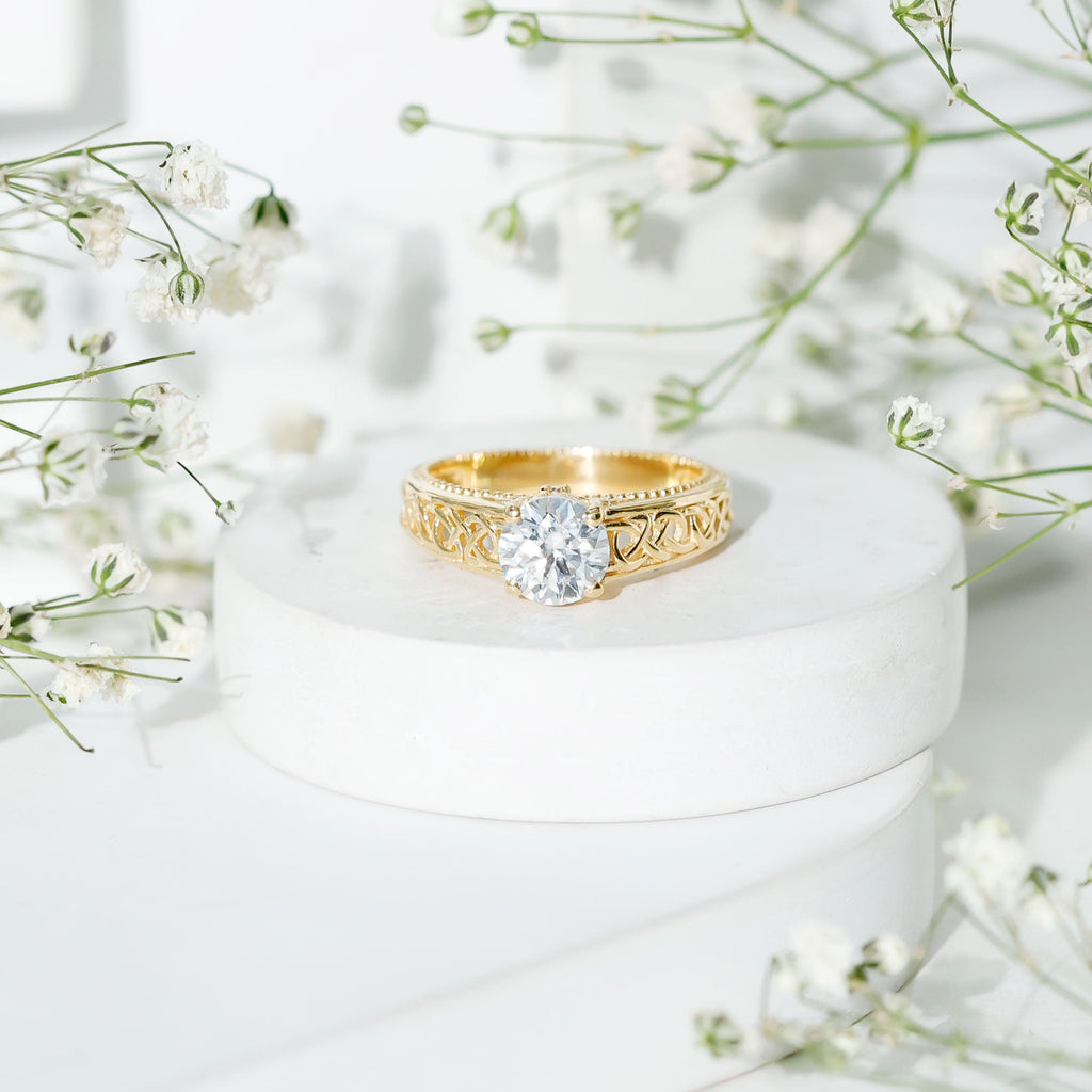 Moissanite Vintage Style Engagement Ring with Celtic Details