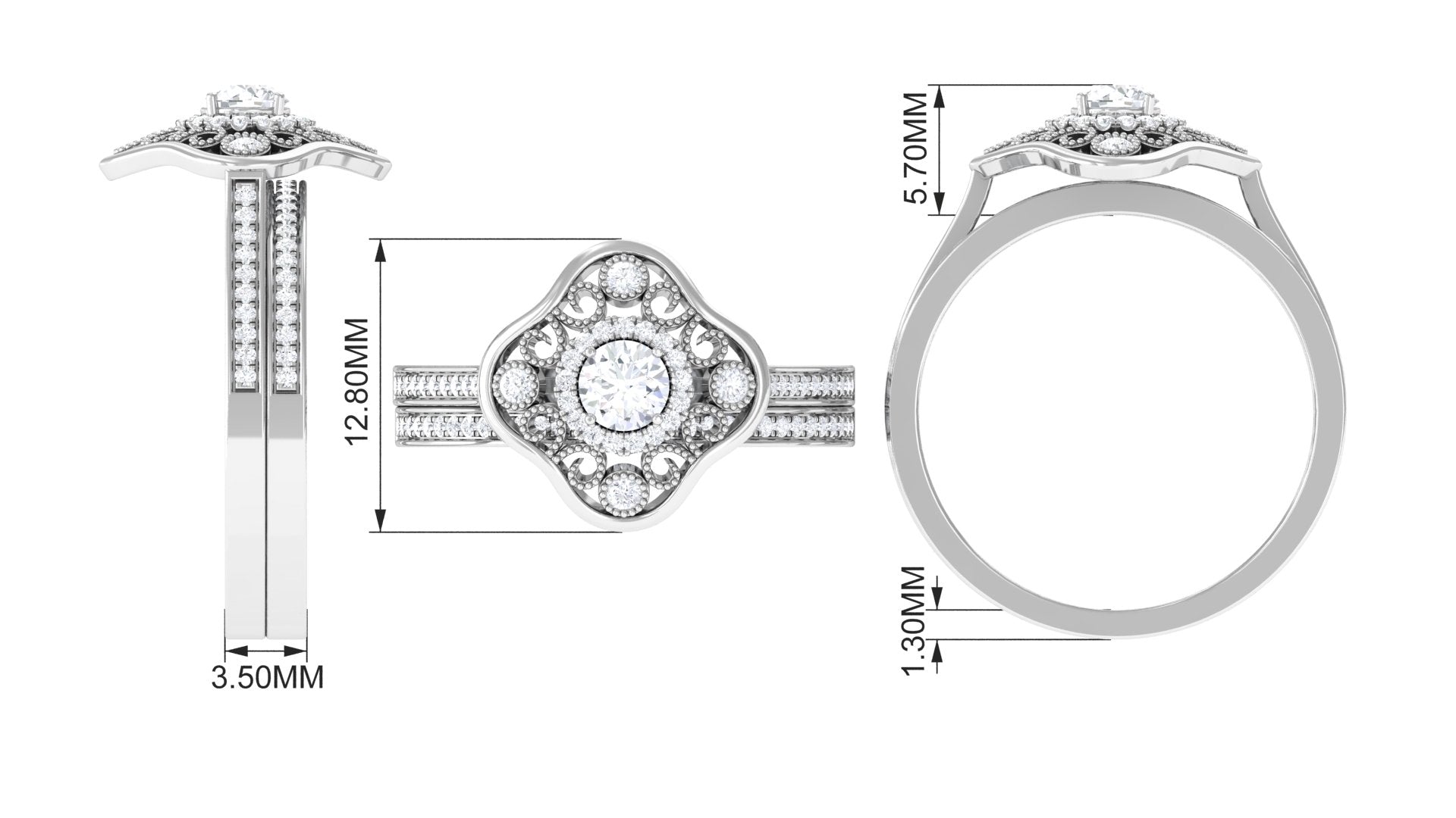 Vintage Looking Diamond Wedding Bridal Ring Set of 2