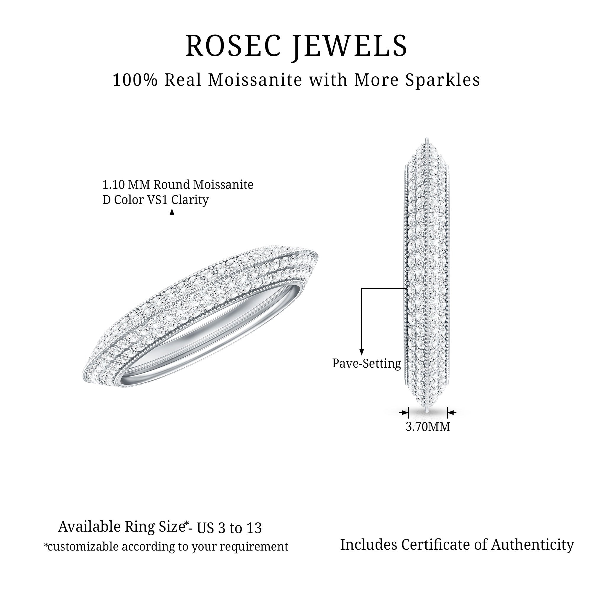 Pave Set Moissanite Eternity Band with Milgrain Detailing