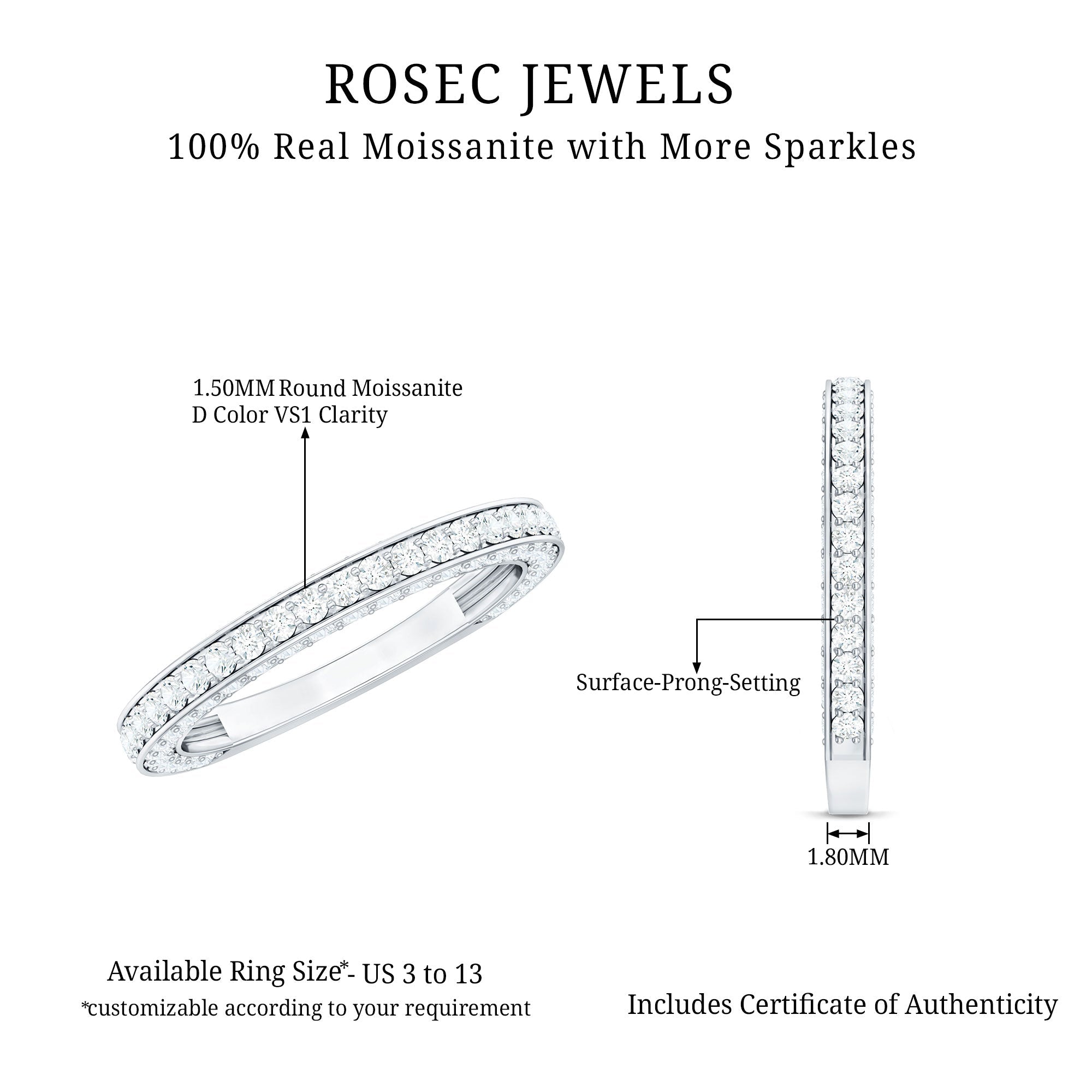 Surface Prong Set Moissanite Half Eternity Ring