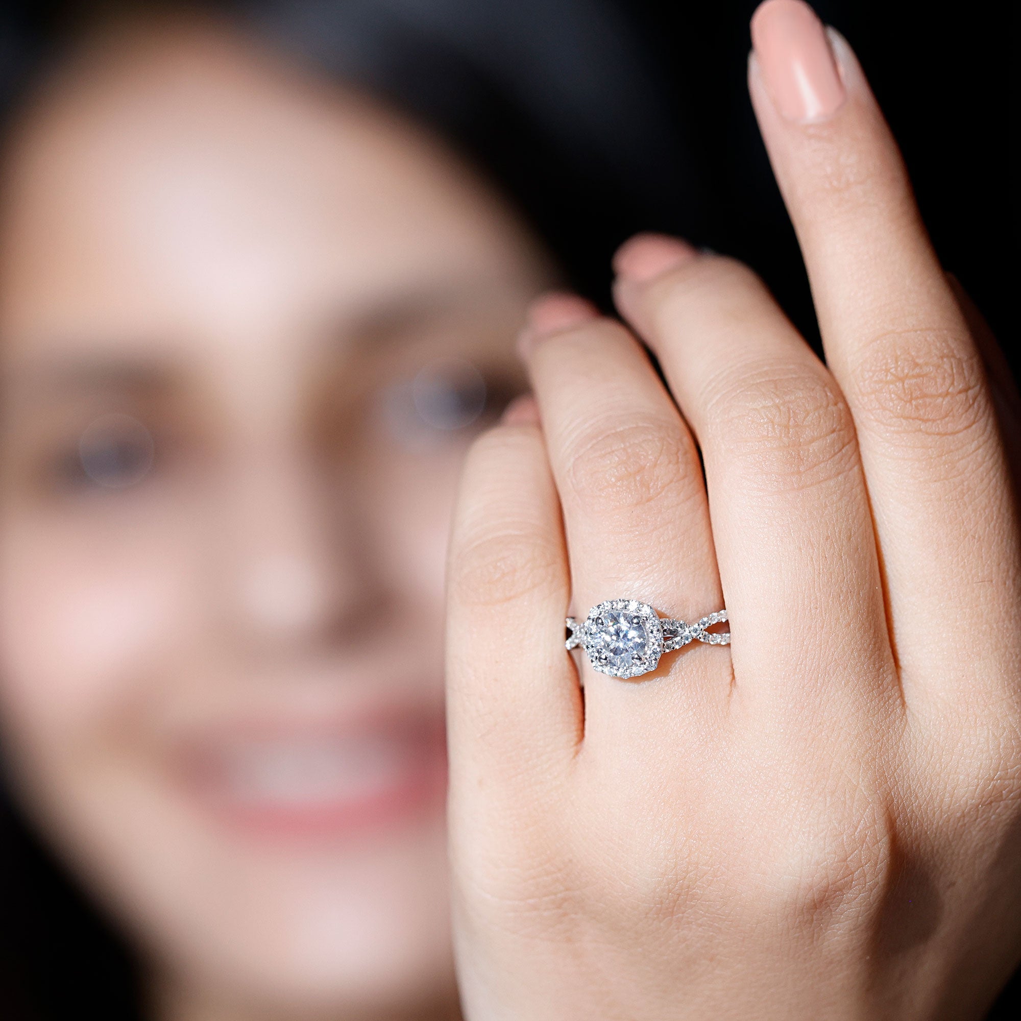 Certified Moissanite Halo Engagement Ring with Criss Cross Shank