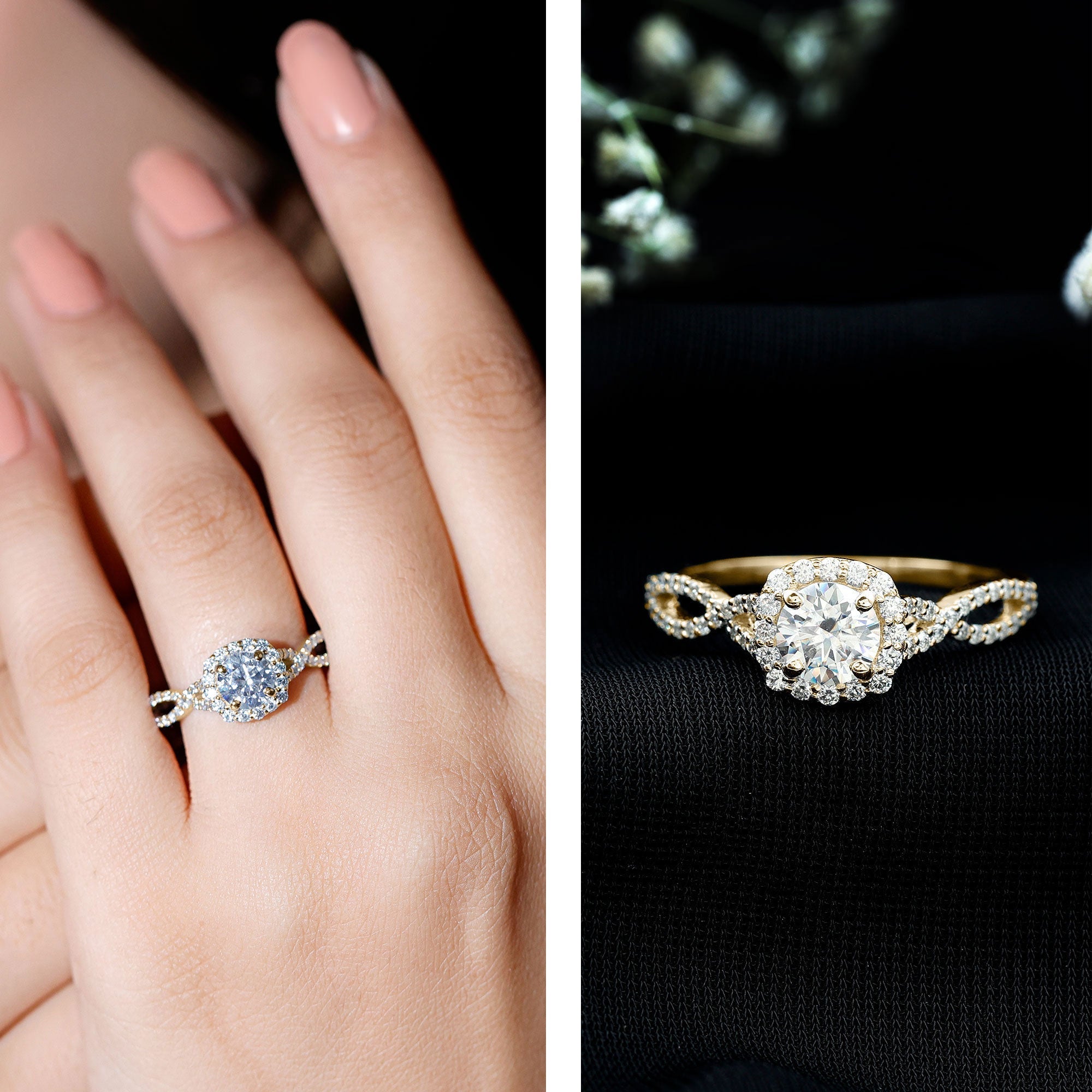 Certified Moissanite Halo Engagement Ring with Criss Cross Shank