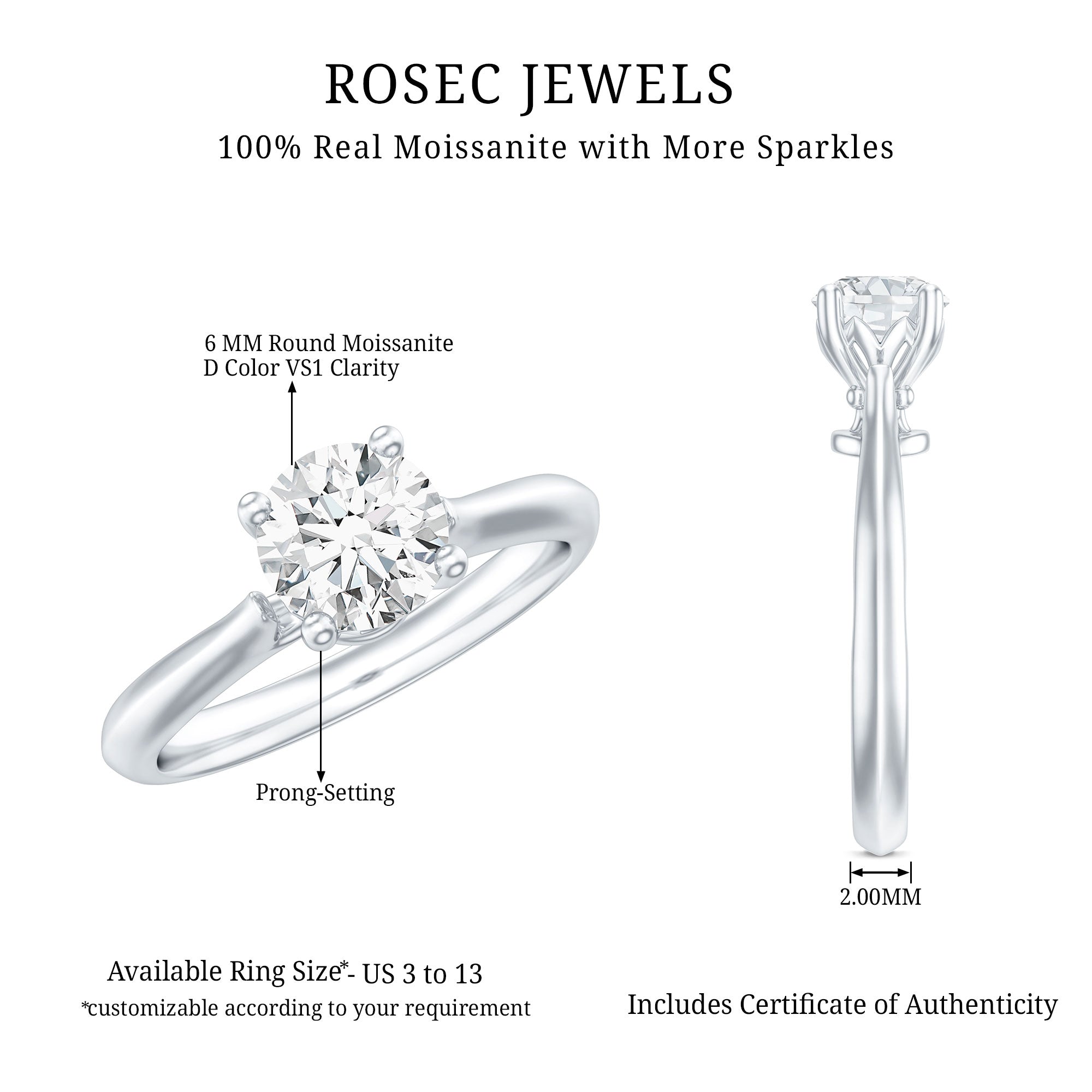 Solitaire Round Cut Moissanite Engagement Ring for Her