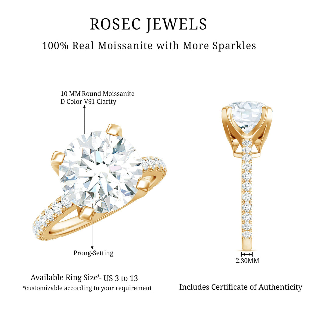 Round 10 MM Moissanite Solitaire Engagement Ring with Side Stones
